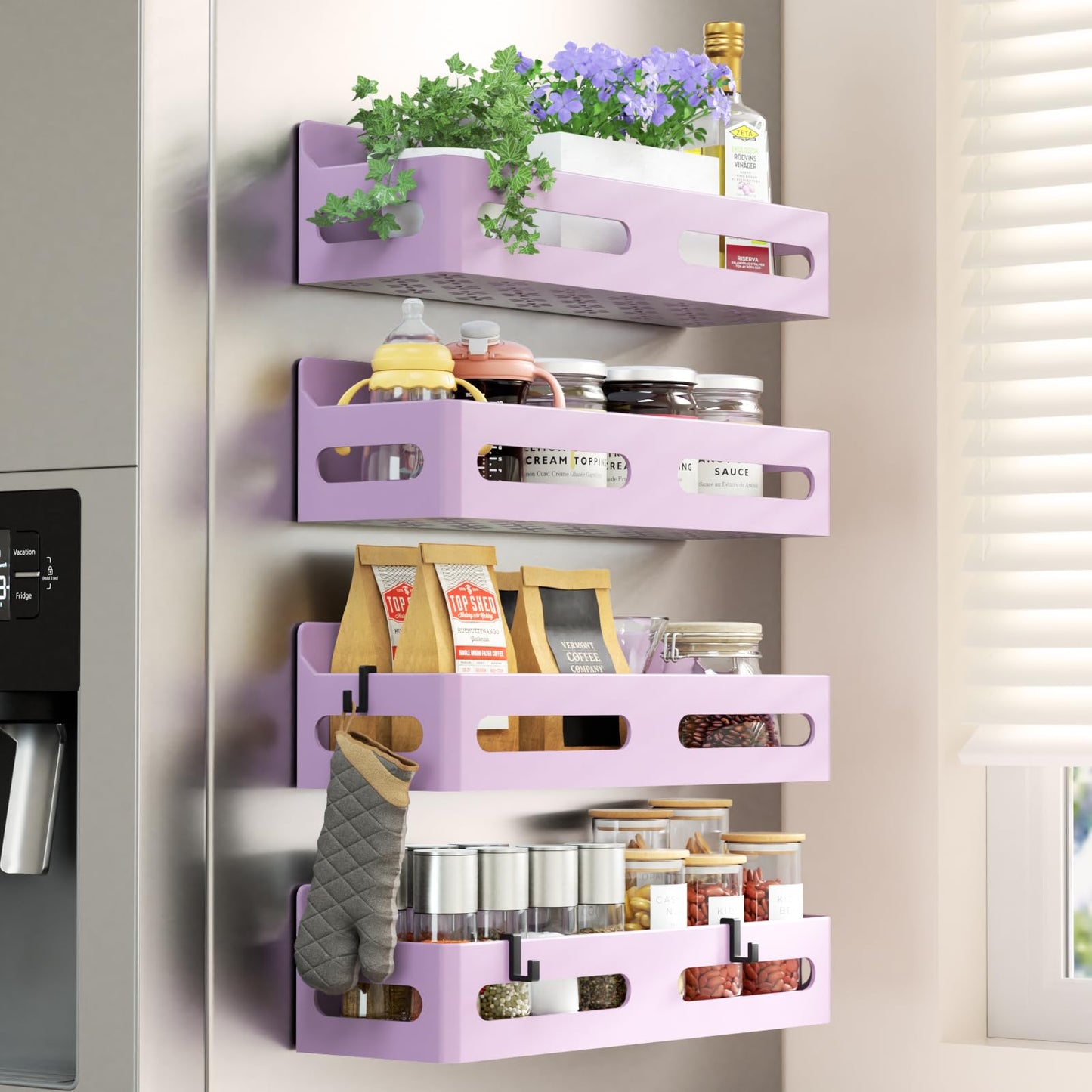 4 Pack Strong Magnetic Spice Rack for Refrigerator, Multipurpose Magnetic Shelf for Fridge with 4 Hooks for kitchen and Bathroom Organization, Black