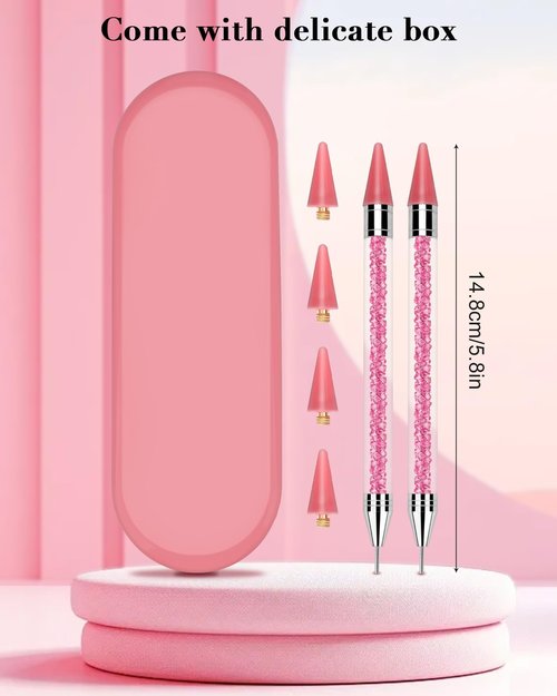 Rolybag Rhinestone Picker Tool, 2PCS Rhinestone Applicator Tool Dotting Wax Pen Dual-Ended with 4PCS Replaceable Wax Tips for DIY Nail Art Tool (Pink)