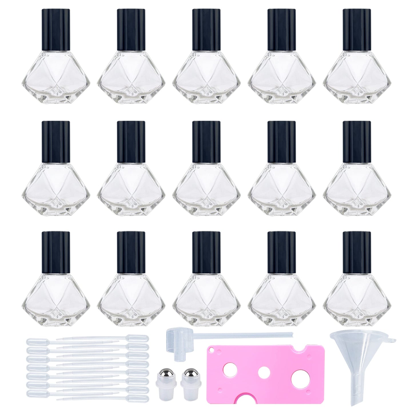SYBiTeng 15 PCS 8 ml (0.27 oz) Mini Clear Glass Roller Bottles for Essential Oil or Cosmetic Containers refillable Travel perfume bottle with Stainless Steel Ball with Black Cap (Black)