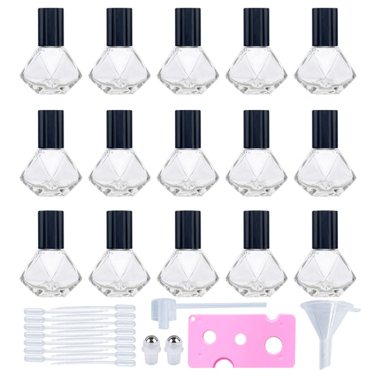 SYBiTeng 15 PCS 8 ml (0.27 oz) Mini Clear Glass Roller Bottles for Essential Oil or Cosmetic Containers refillable Travel perfume bottle with Stainless Steel Ball with Black Cap (Black)