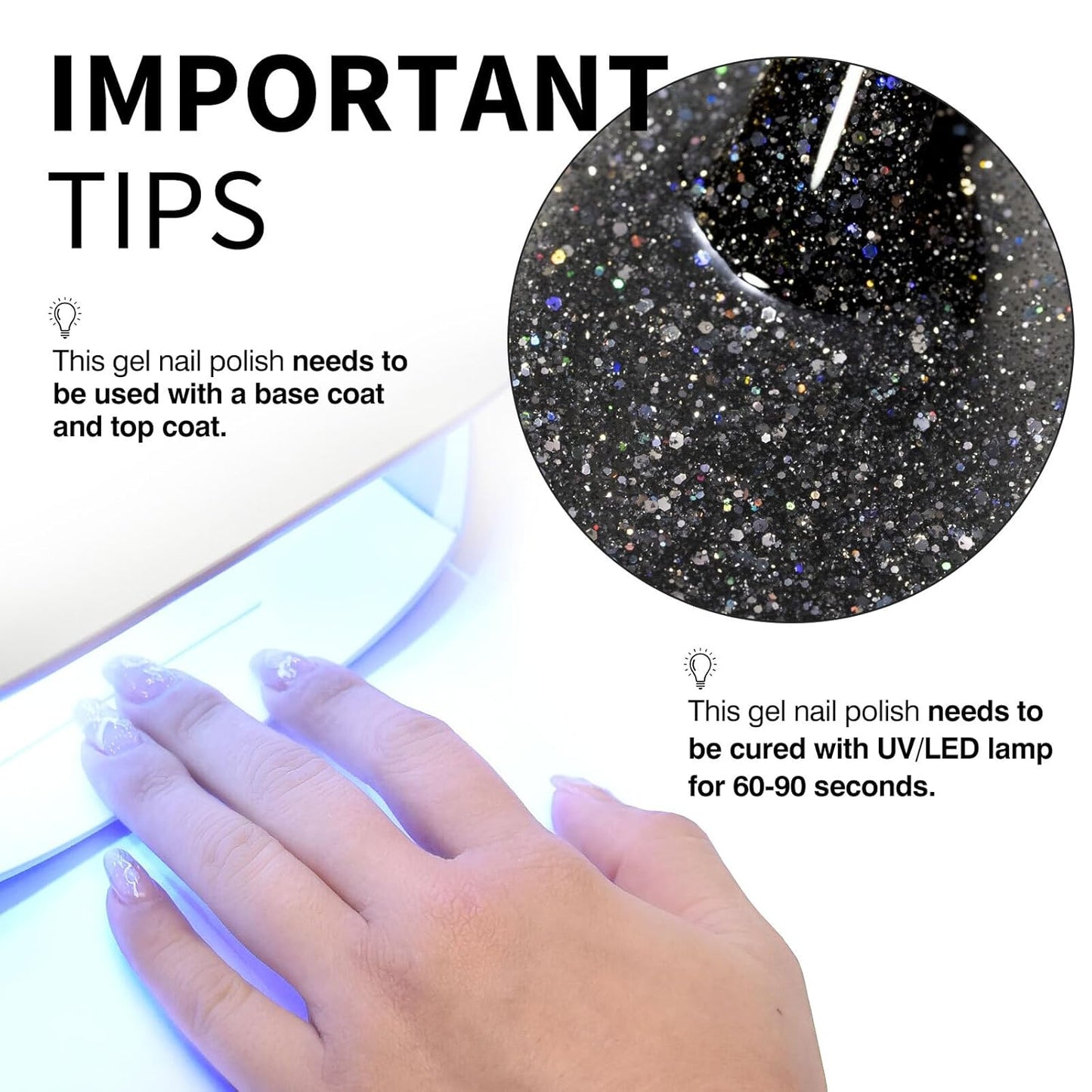 CANNI Glitter Gel Nail Polish - Black Diamond Glitter | 9ml Soak Off UV LED for DIY Nail Art & Manicure