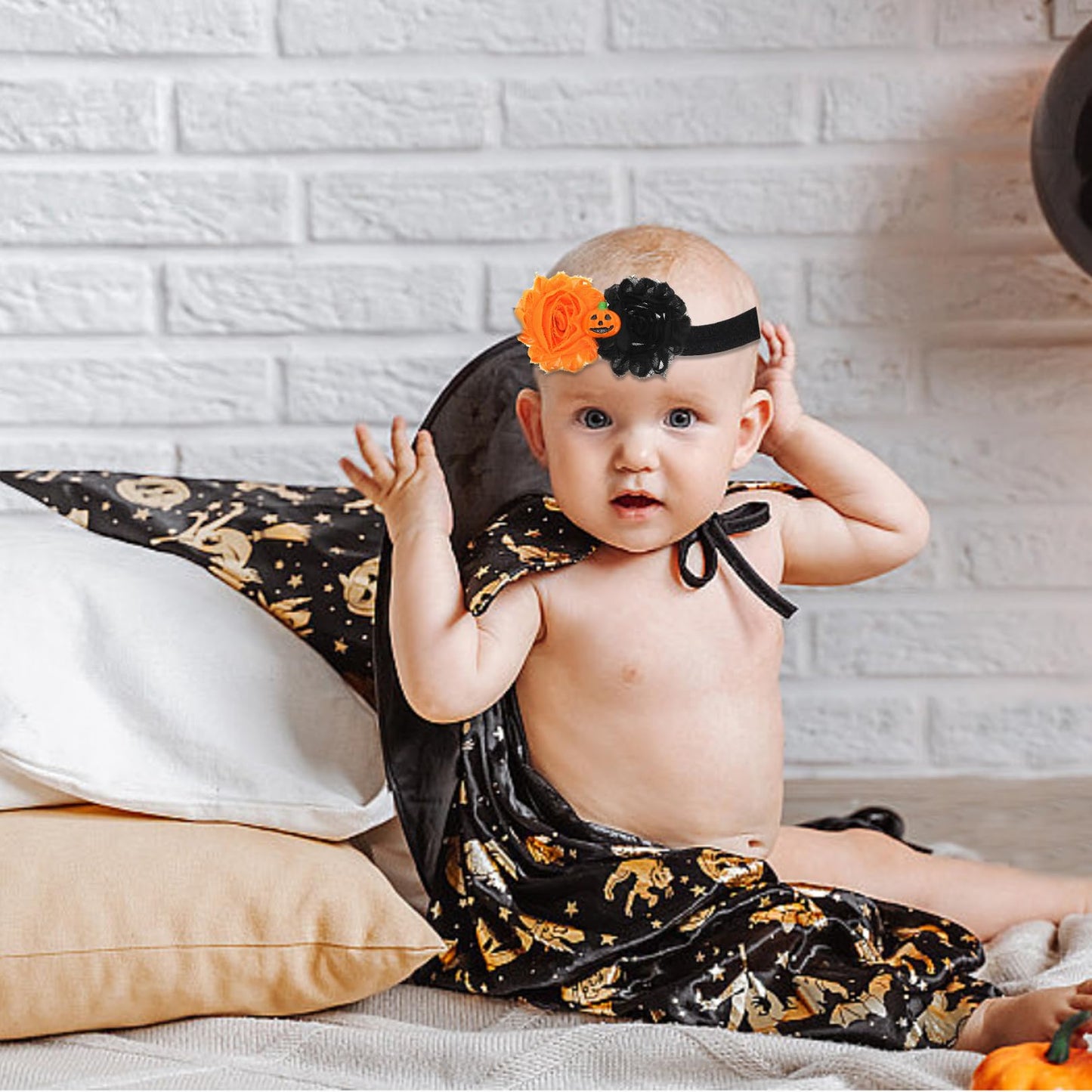 Halloween Baby Girl Headbands,2Pcs Black Orange Flower Pumpkin Elastic Halloween Bow Headband Stretchy Cotton Lace Toddler Hair Band Halloween Baby Hair Accessories for Newborns Infants Toddlers Kids