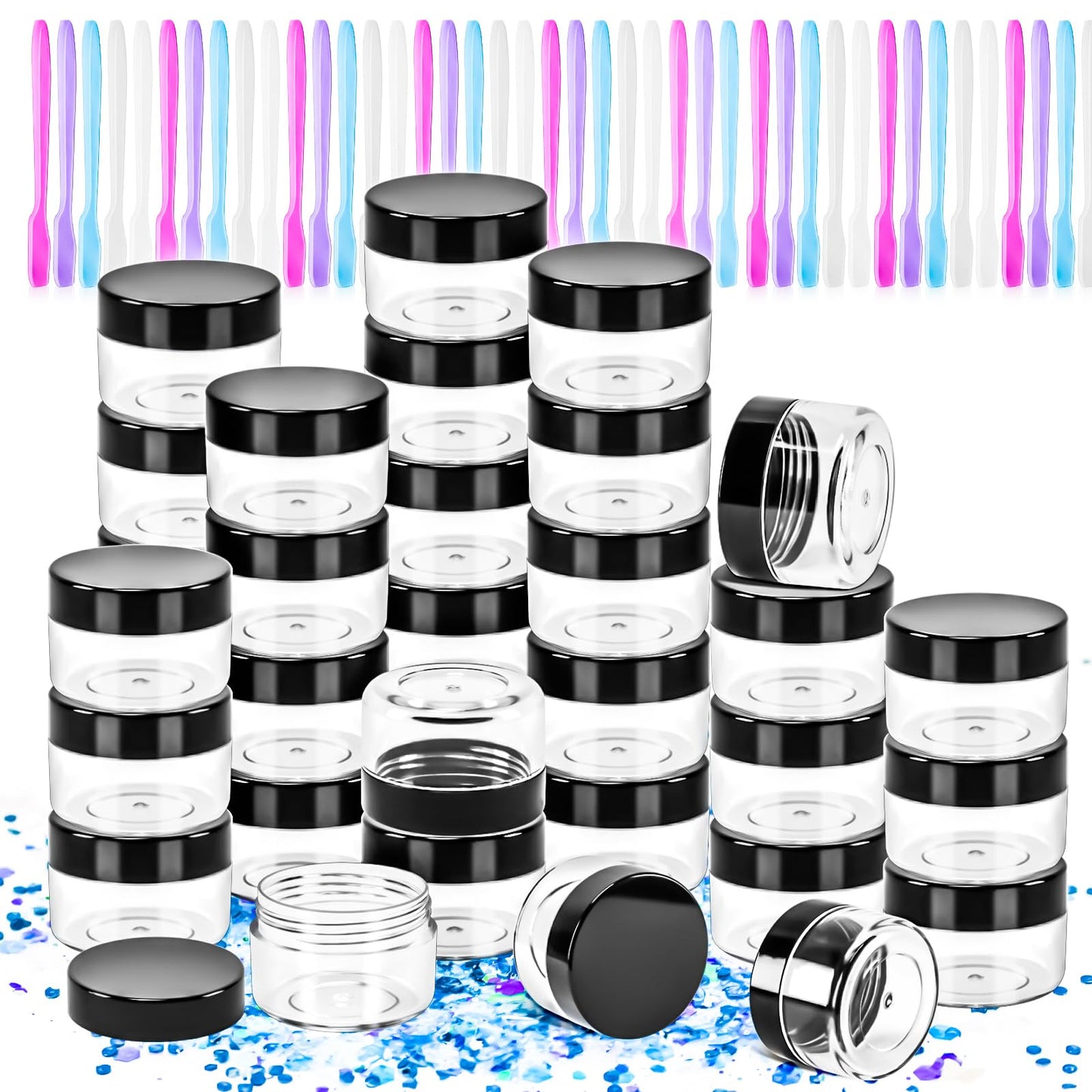 MotBach 40 PCS 15g Empty Plastic Containers with Black Lids, Small Makeup Containers, 0.5oz Small Sample Pot Jars Round Travel Cosmetic Jars with Spatulas for Liquid, Powder, Cream, Lotion