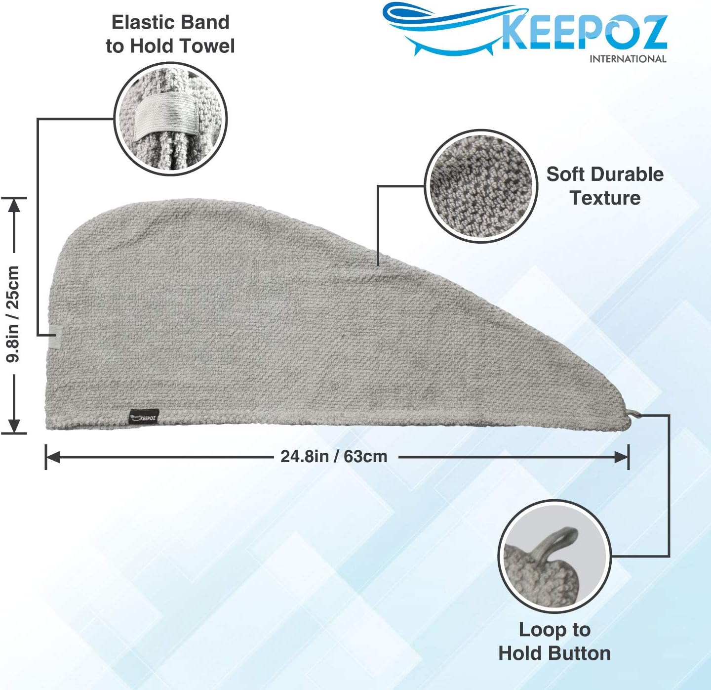 KEEPOZ Hair Towel Wrap Quick Dry 100% Cotton Super Absorbent Turban Head Wrap for Women with Button, Non Microfiber Anti Frizz Hair Cap for Curly, Long & Thick Hair (Grey Check, 2 Pcs)