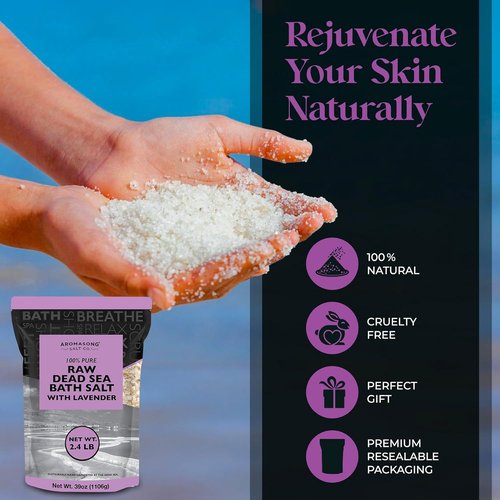 Aromasong Pure Raw Dead Sea Salt - 100% Natural Lavender Spa Bath Salt, 5 LB Resealable Pack
