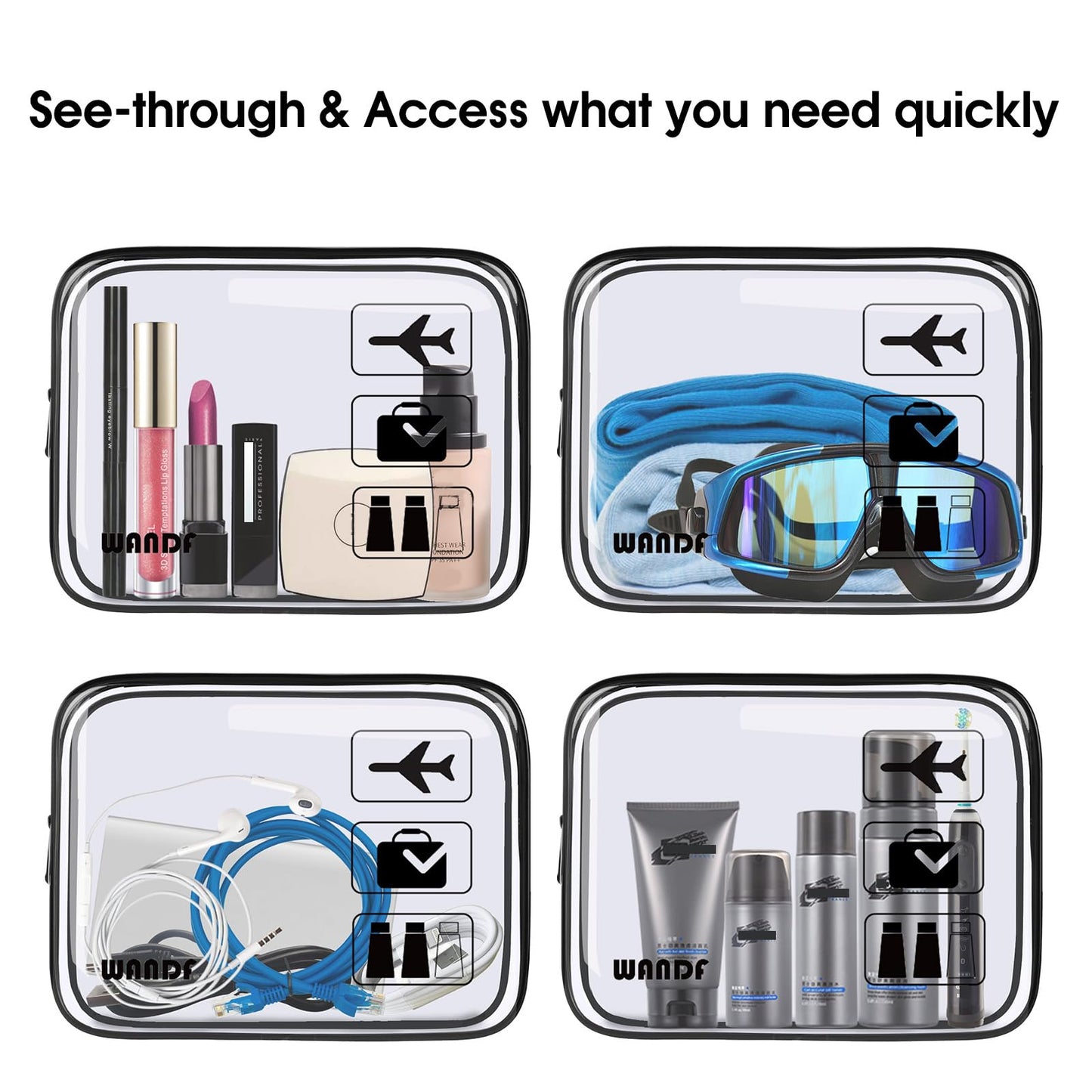 TSA Approved Clear Travel Toiletry Bag wih Zippers Carry-on Travel Accessories Quart Size Toiletries Cosmetic Pouch Makeup Bags for Men and Women (4pcs)