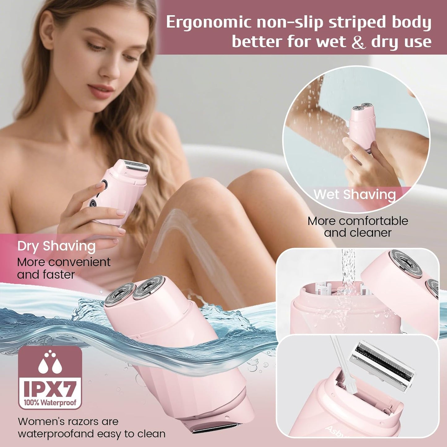 Skiennix 4-In-1 Electric Razor for Women - Rechargeable Cordless Bikini Trimmer & Facial Hair Remover, Pink