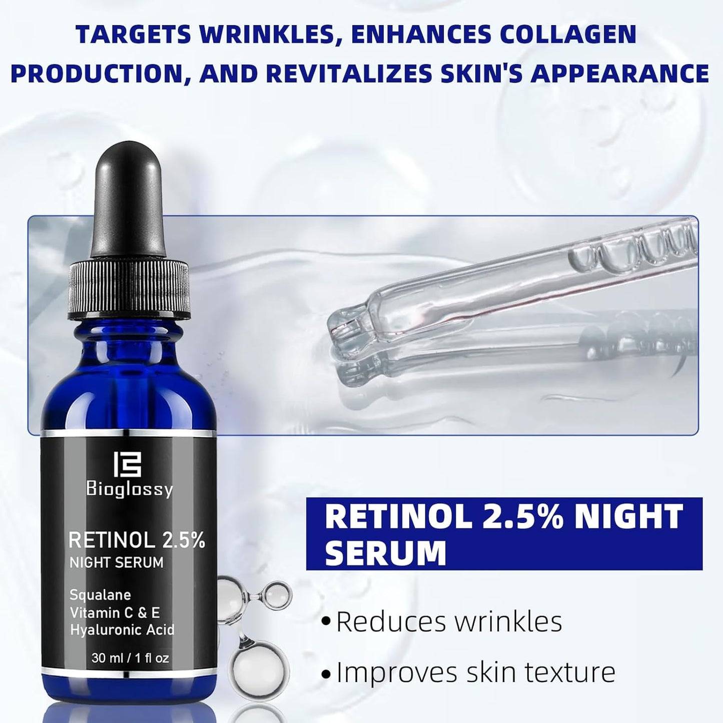 Skiennix Retinol Serum - 2.5% Intense Night Formula with Squalane, Vitamin C & E, 30 ml for Youthful Skin