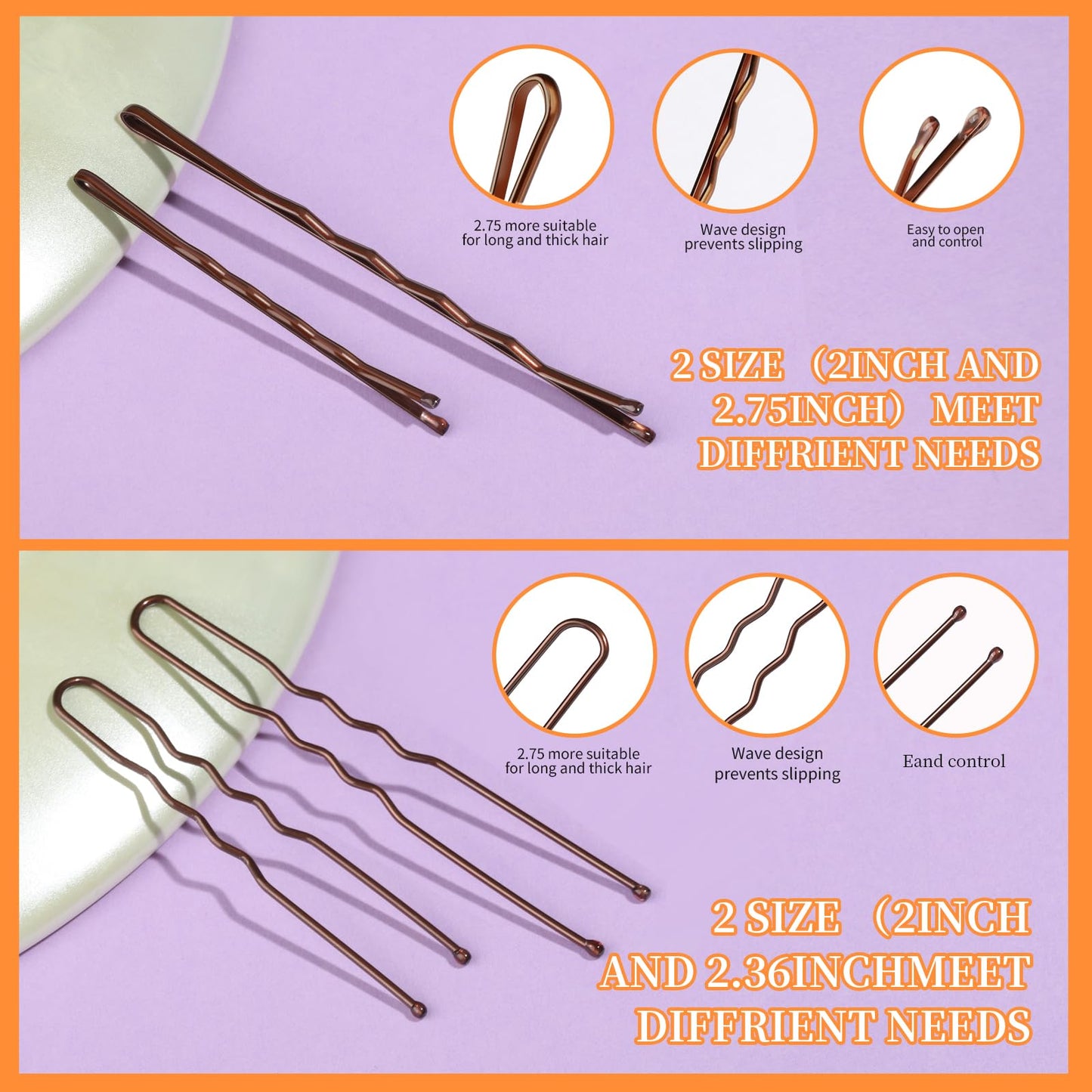 Teenitor 300pcs Bobby Pins Hair Pins Kit, 100 Hair Pins for Women 100 Bobby Pins Brown Hair and 100 Hair Bands, Hair Pins for Buns, U Shape Pins 2inch 2.36inch Bobby Pins for Women 2inch, 2.75inch
