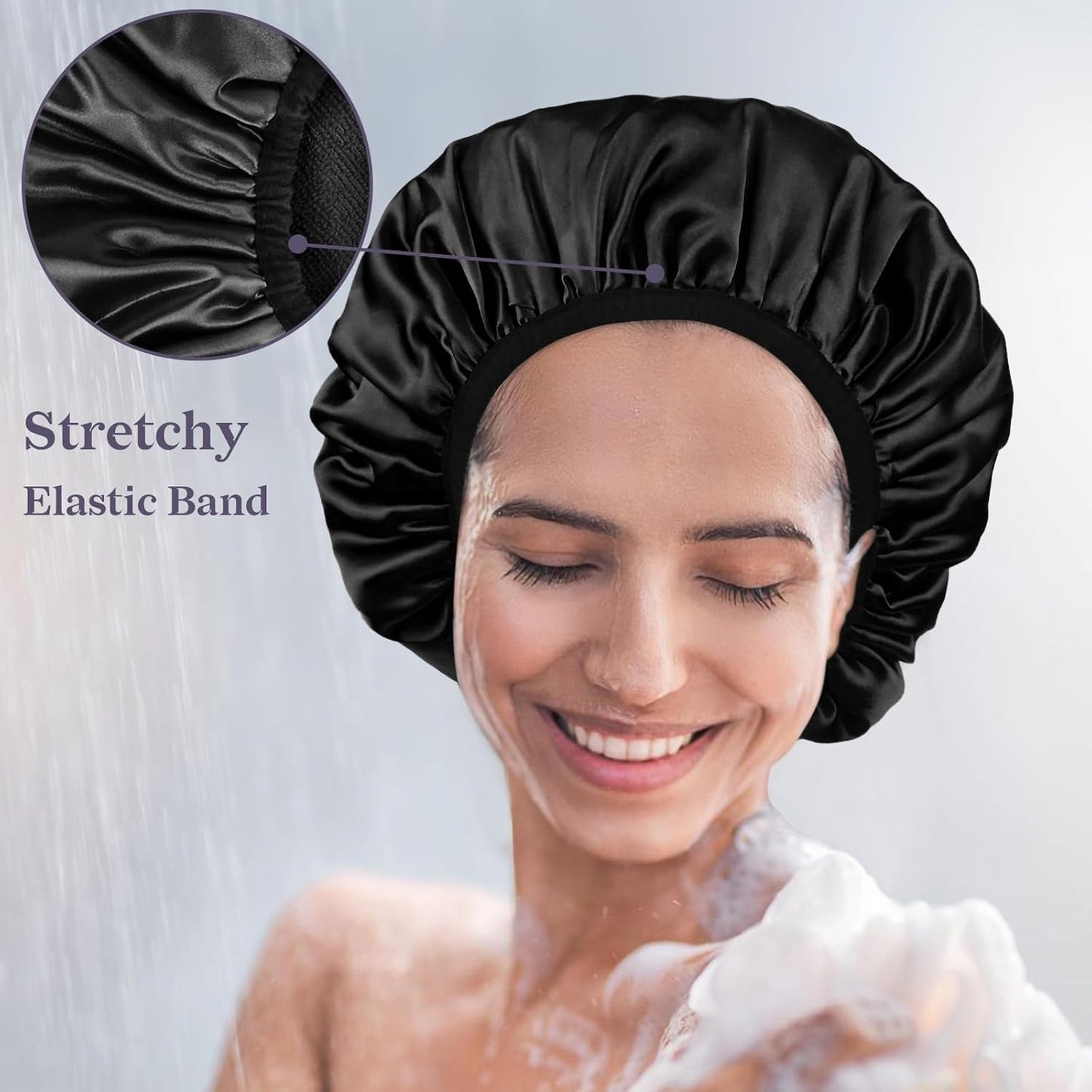 Skiennix Satin Shower Cap - Three-Layer Terry Cloth Lined, Waterproof & Reusable for Long Hair (Black)
