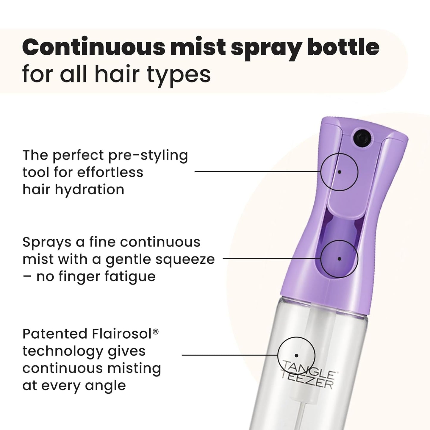 TANGLE TEEZER Fine Mist Continuous Spray Bottle, Reusable and Refillable, for Hair Detangling and Styling, 10.1 oz, Lilac