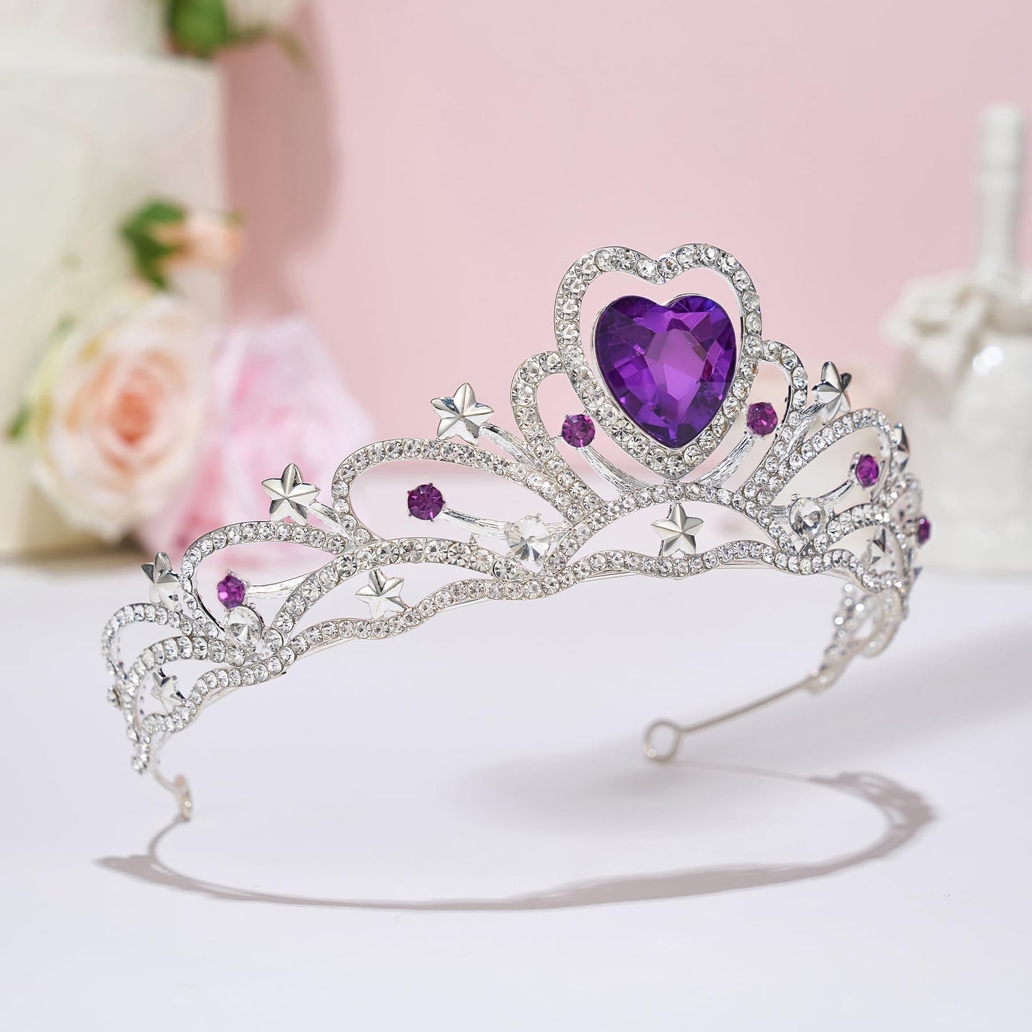 SWEETV Birthday Crowns for Women Girls Birthstone Heart Princess Tiara Silver Wedding Headband for Birth Day Party Photograph, Feb