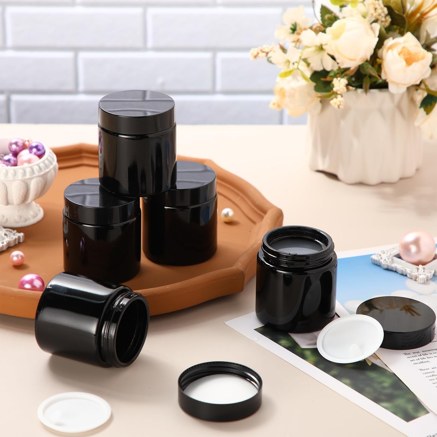 Norme 24 Pcs 4 oz Glass Jars with Lids Leakproof Round Airtight Empty Cosmetic Jars with Inner Liners Lid for Storing Lotions Powder Ointments Candle Making (Black)
