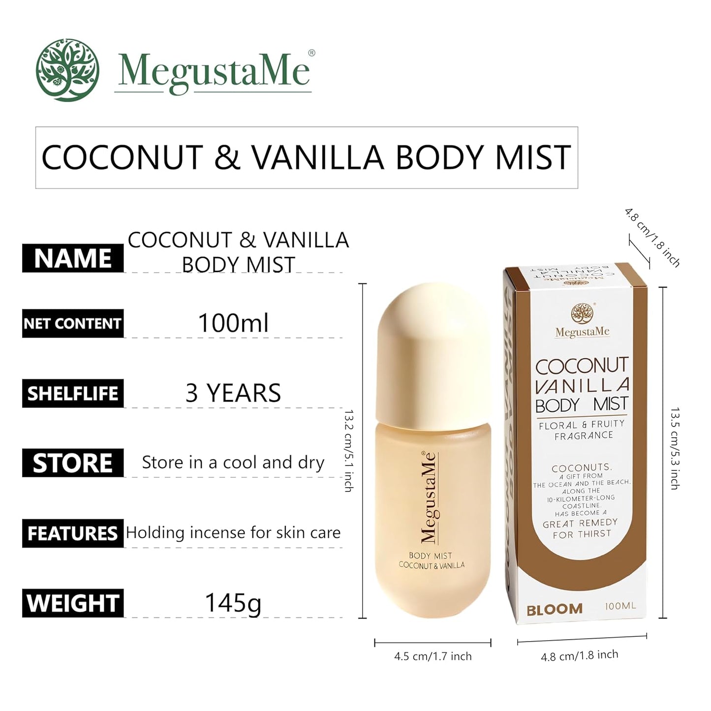 Skiennix Coconut Vanilla Body Spray - Paraben-Free & Phthalate-Free | Long-Lasting Fresh Scent | 3.38 Fl Oz (100ml)