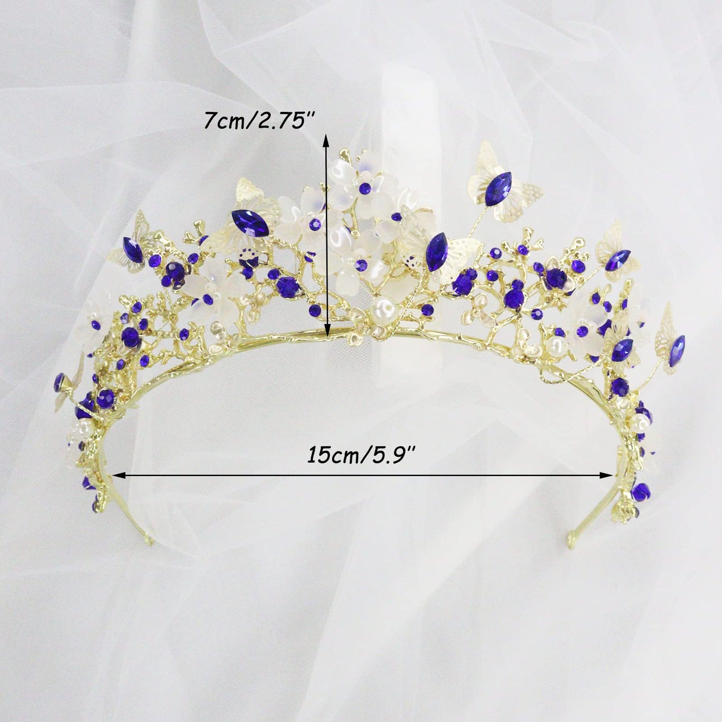 Brihasory Butterfly Queen Birthday Crowns Gold Tiaras for Bride, Crystal Royal Princess Wedding Rhinestone Headband, Costmue Party Christmas Halloween Black Prom Headpiece for Women and Girls (Blue)