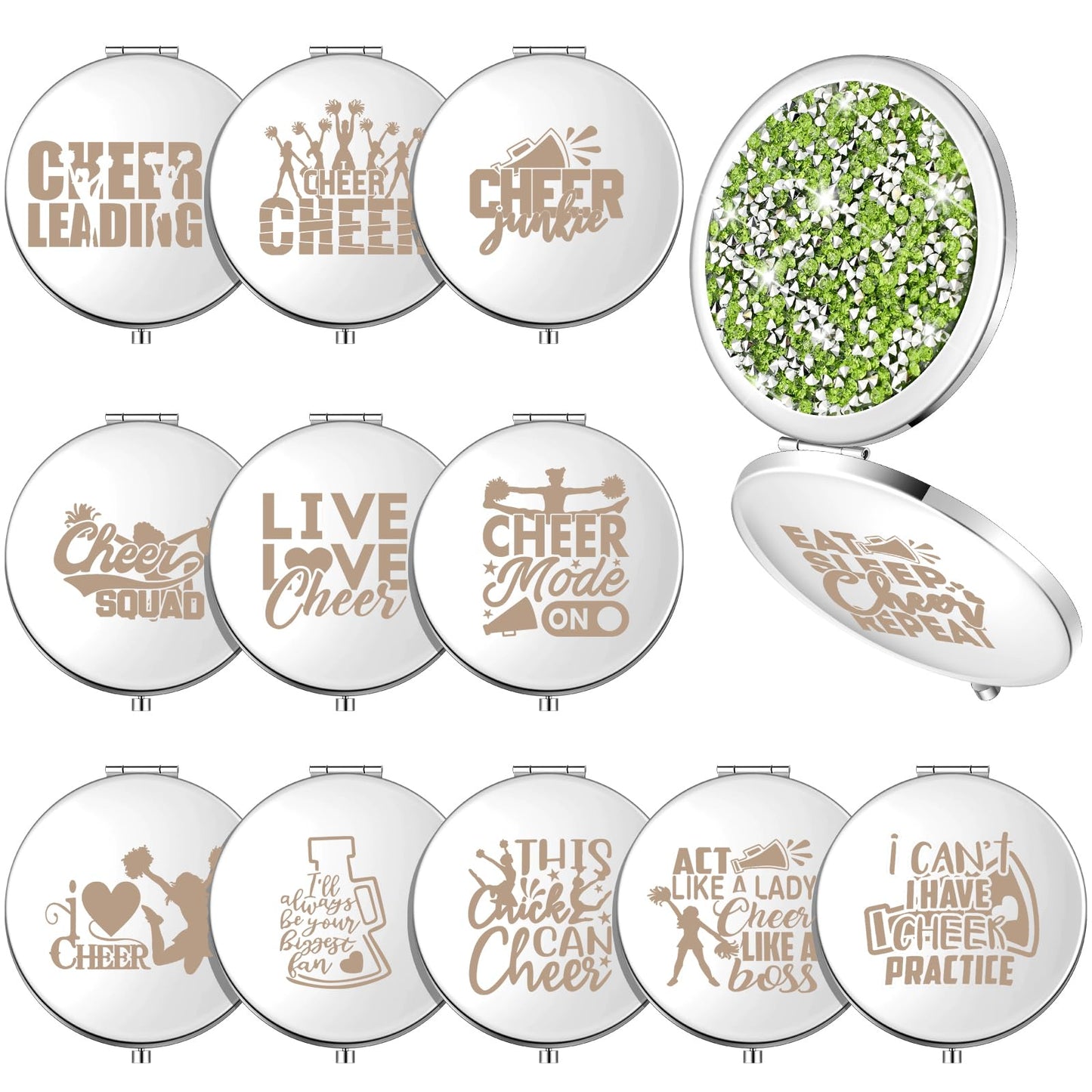 Sintuff 12 Pcs Cheer Gifts for Cheerleaders Compact Mirror Bulk for Cheer Team Coach Cheerleading Gifts Folding Pocket Cosmetic Purse Mirror Accessories(Green, Silver)