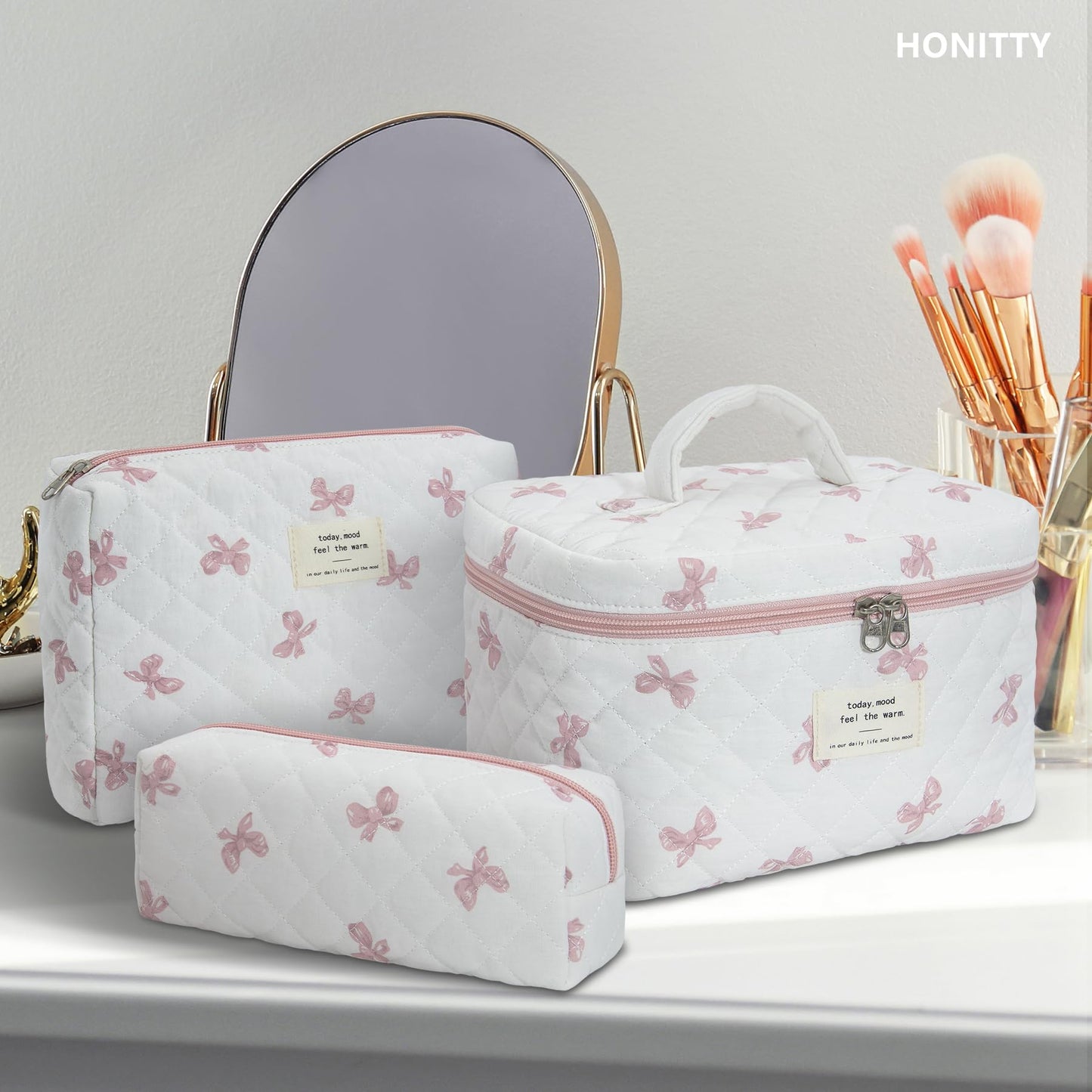 honitty Makeup Bag,Quilted Cosmetic Bag,Large Floral Make Up Bag for Women,Cotton Makeup Bag Set,Flower Travel Toiletry Bag
