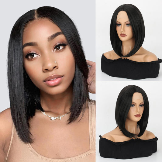 VOKEYLA Short Bob Wig Synthetic Lace Frontal Wigs For Women Black Straight Hair Glueless Yaki Straight Heat Resistant Natural Wig