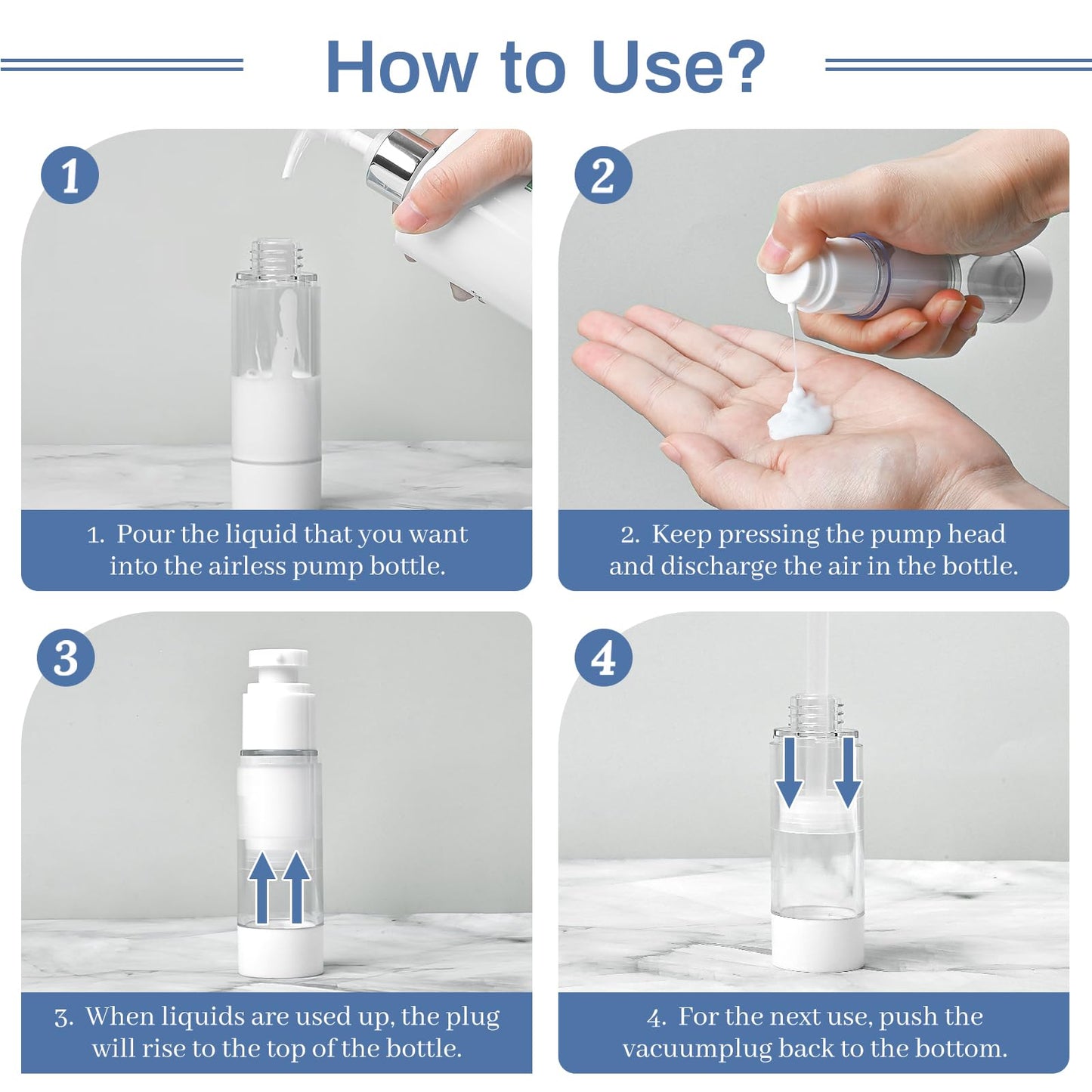 TUZAZO 6 Pack 1 Oz/30 ML Airless Pump Bottles, Clear Plastic Travel Size Pump Bottles, Refillable Vacuum Cosmetic Containers Lotion Dispenser for Foundation, Cream, Shampoo