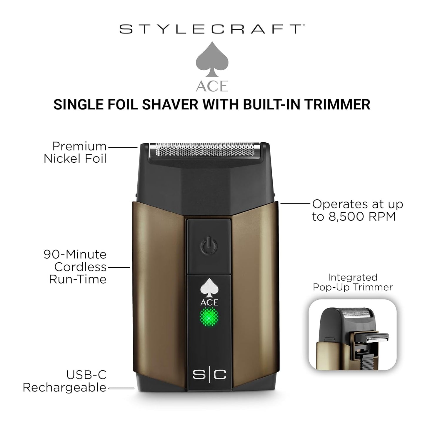 Stylecraft Ace Cordless Hair Clipper - Lightweight Ergonomic Design with Integrated Trimmer & USB-C Rechargeable