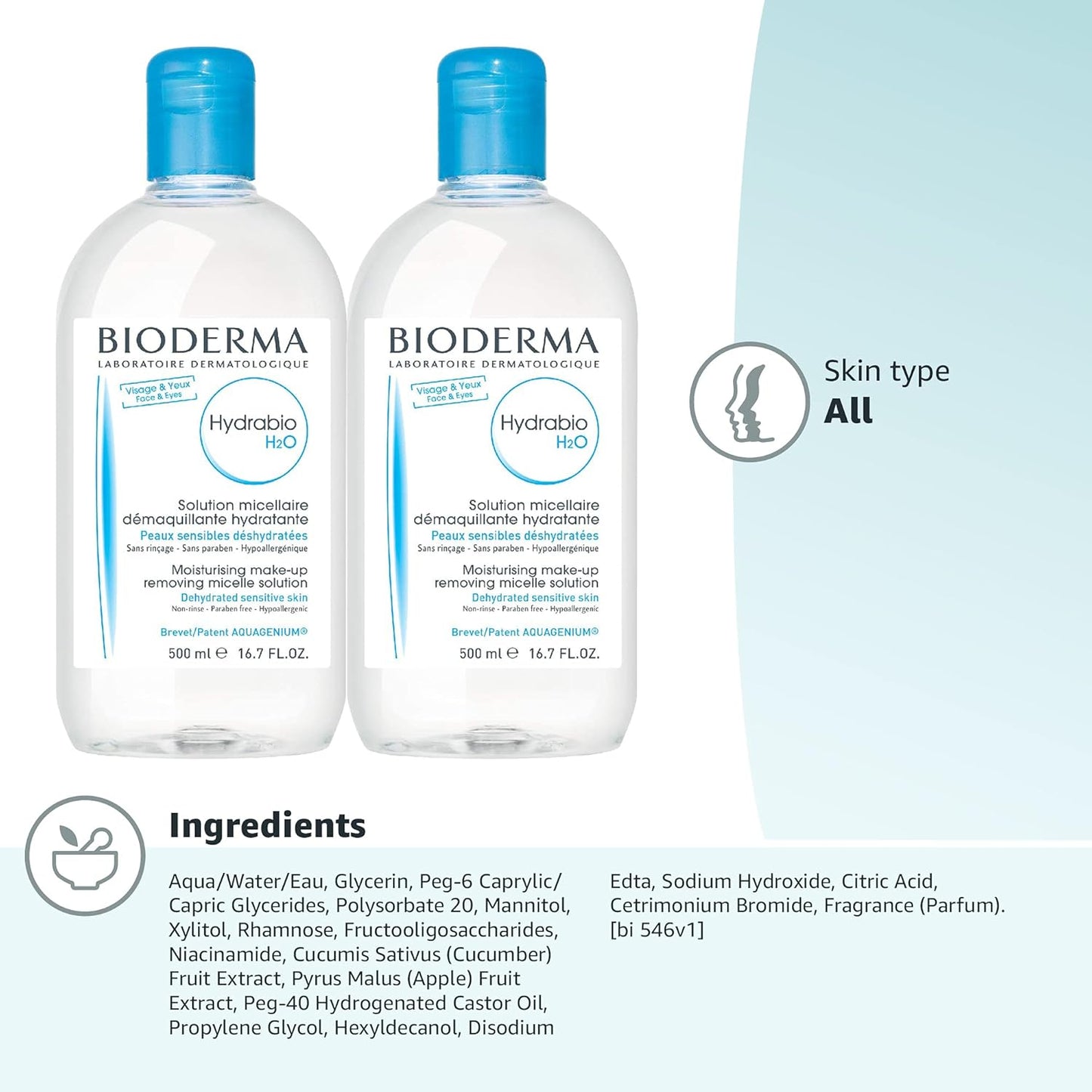 Bioderma Hydrabio Micellar Water - Hydrating Cleansing for Dehydrated Sensitive Skin | 33.4 Fl Oz