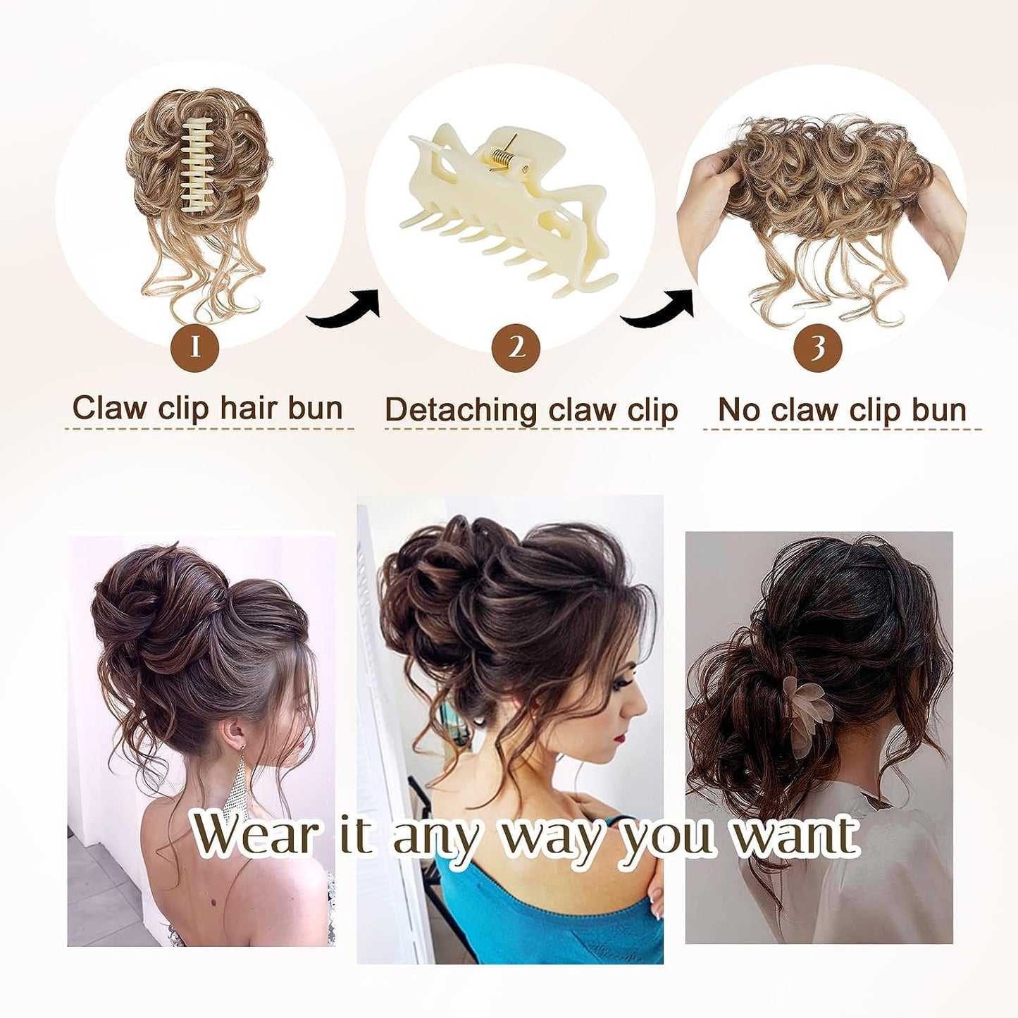 Foaoit Messy Bun Hair Piece for Updos Claw Clip Bun Hair Accessories for Women Messy Wavy Curly Fake Hair Bun Extensions Synthetic Hair Extensions (Light Brown mix Blonde)