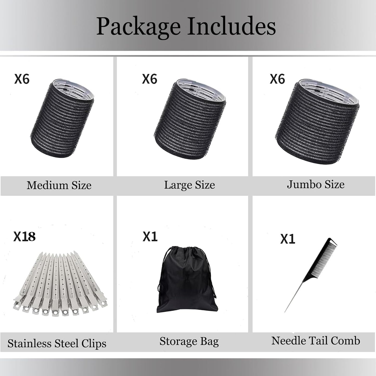 Skiennix Hair Roller Set - Velcro Self-Grip Curlers for DIY Styles | 18-Piece Jumbo, Large & Medium with Makeup Case, Clips & Comb
