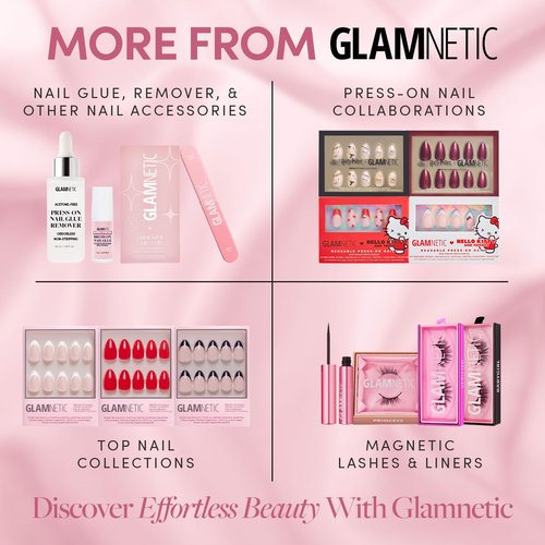 Glamnetic Press On Nails - Mertini | Short Almond Pink Cat Eye Fake Nails with Raised Gold Foil Accents, Salon Quality Summer Nails | 15 Sizes - 30 Nail Kit with Glue
