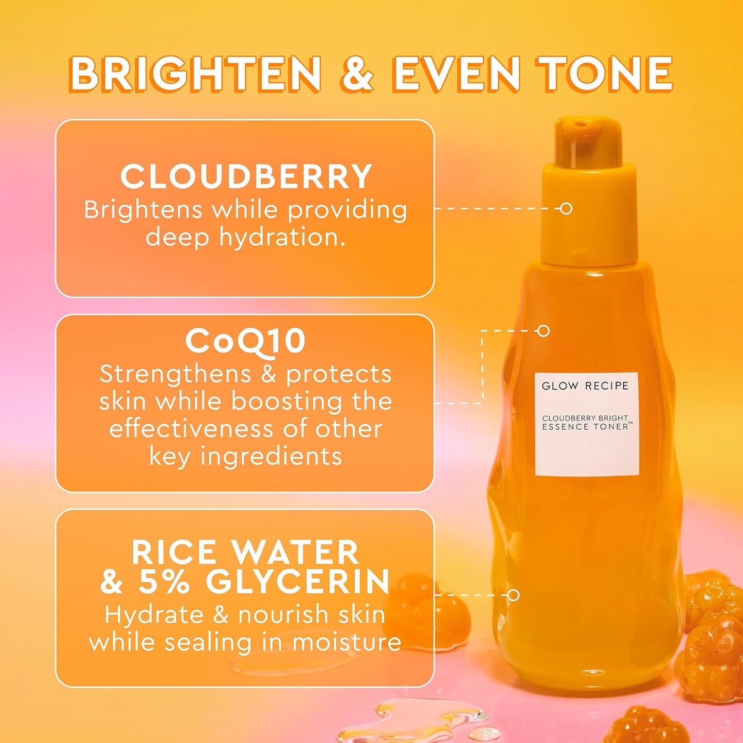 Glow Recipe Cloudberry Brightening Essence Toner - Hydrating Rice Water & 5% Glycerin, Even Tone (75ml)