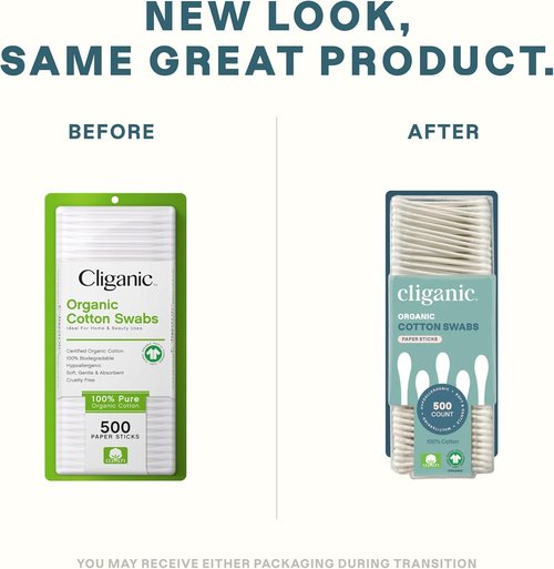 Cliganic Organic Cotton Swabs - 100% Pure Natural Cotton, Hypoallergenic & Chlorine-Free | 500 Count