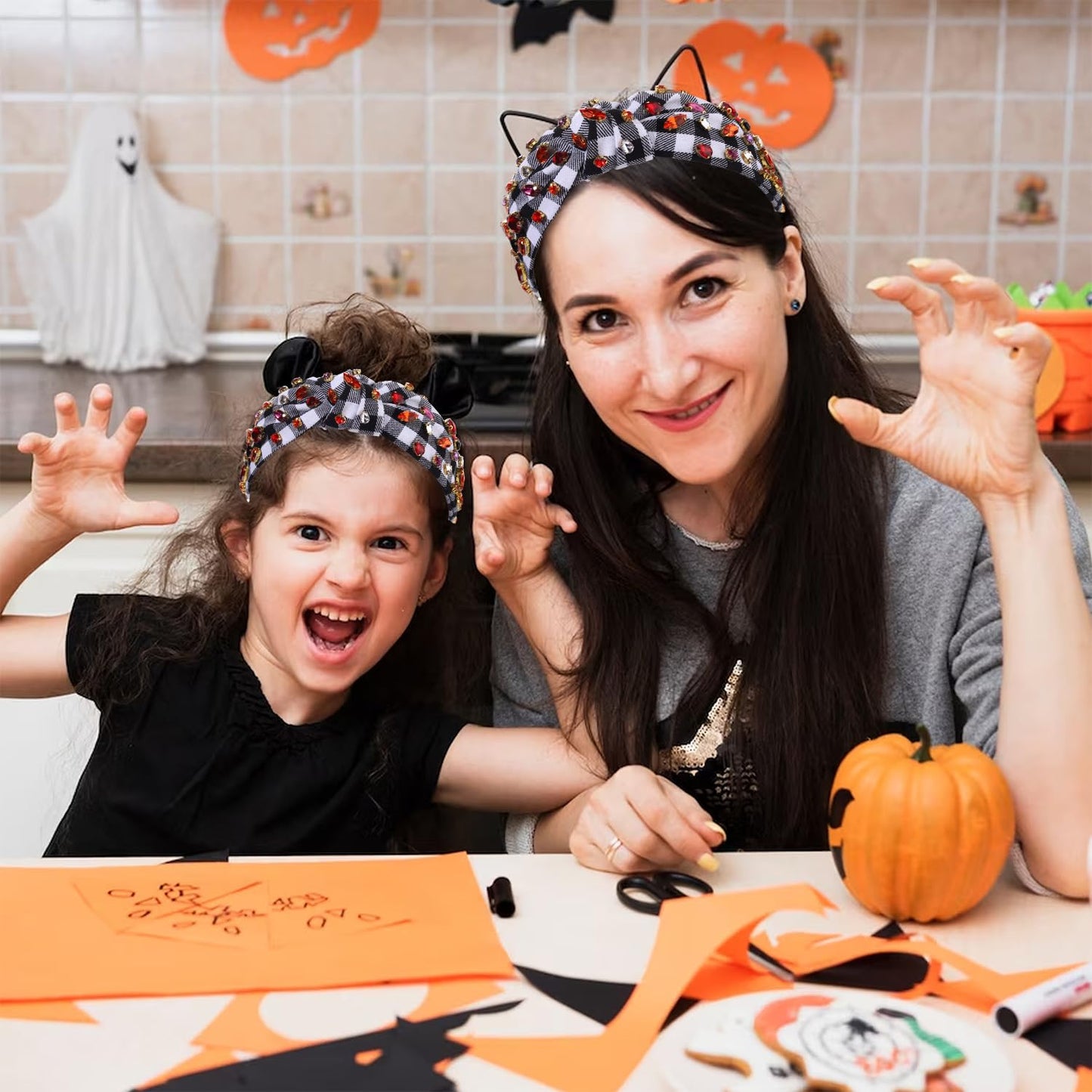 Halloween Headband for Women Rhinestone Crystal Knotted Headband Embellished Orange Black Plaid Top Knot Headband Gothic Spooky Halloween Hair Accessories Outfits Costume Party Gifts (Halloween 2)