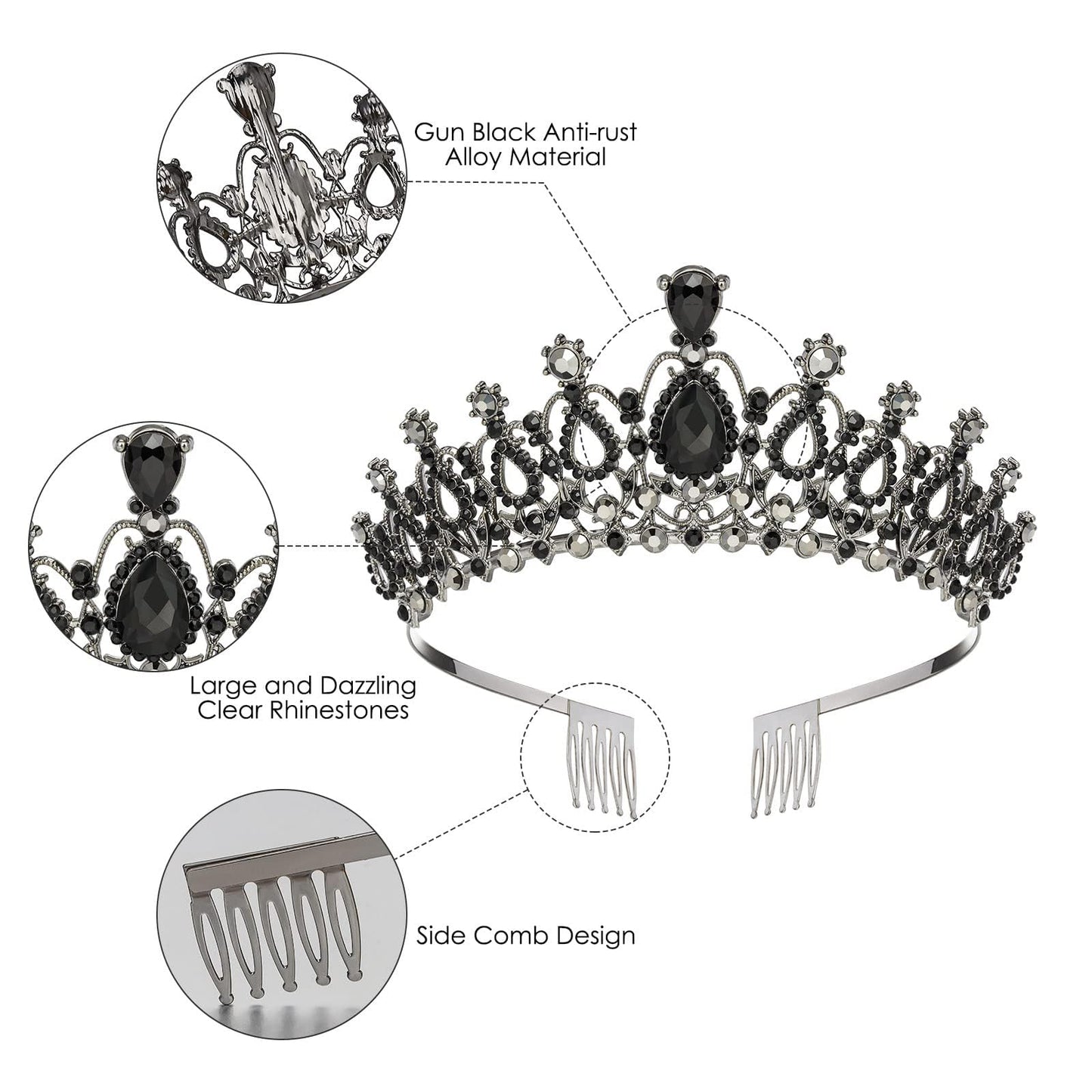 Makone Crowns for Women, Princess Crown, Crystal Crown for Bridal, Wedding, Pageant, Birthday, Party-Gun Black,Black Diamond