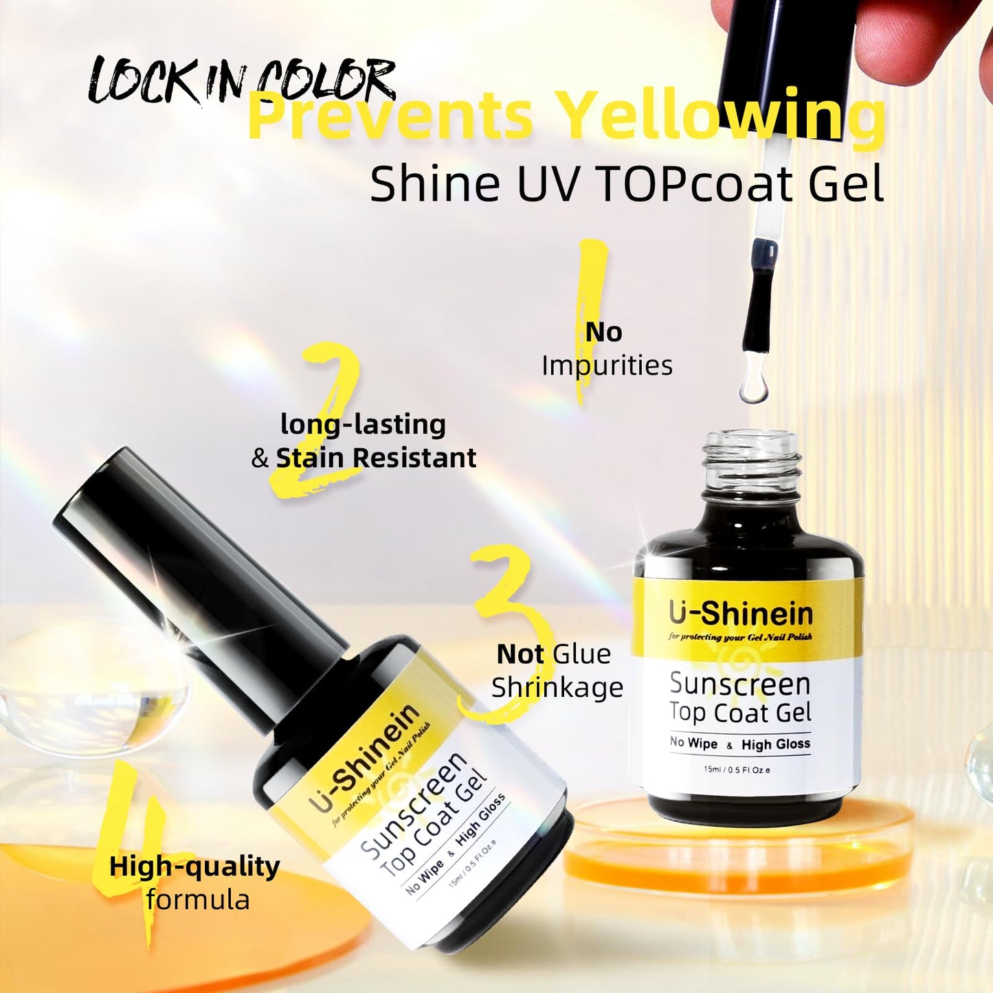 U-Shinein Shine UV Top Coat, 2 in 1 No Wipe Sunscreen Top Coat Gel, Glassy Clear Gel Keeps Nails From Yellowing or Staining, Requires UV Lamp