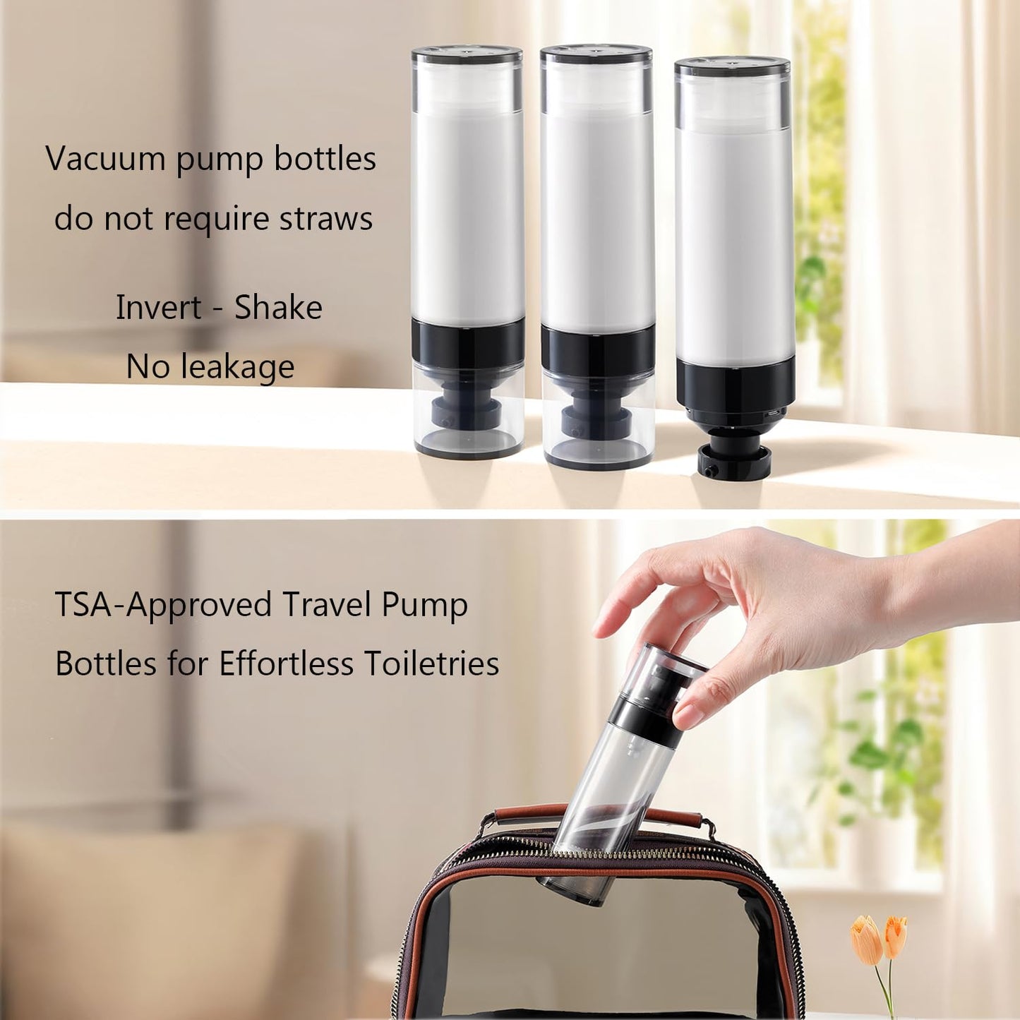 Wide Caliber airless Vacuum Pump Bottle, Reusable Cosmetics Pump Dispenser, DIY Easy Canned, Translucent Black Travel Size can be Packaged Separately Shampoo Light Lotion, etc. (1.7/oz, 4 Packs)