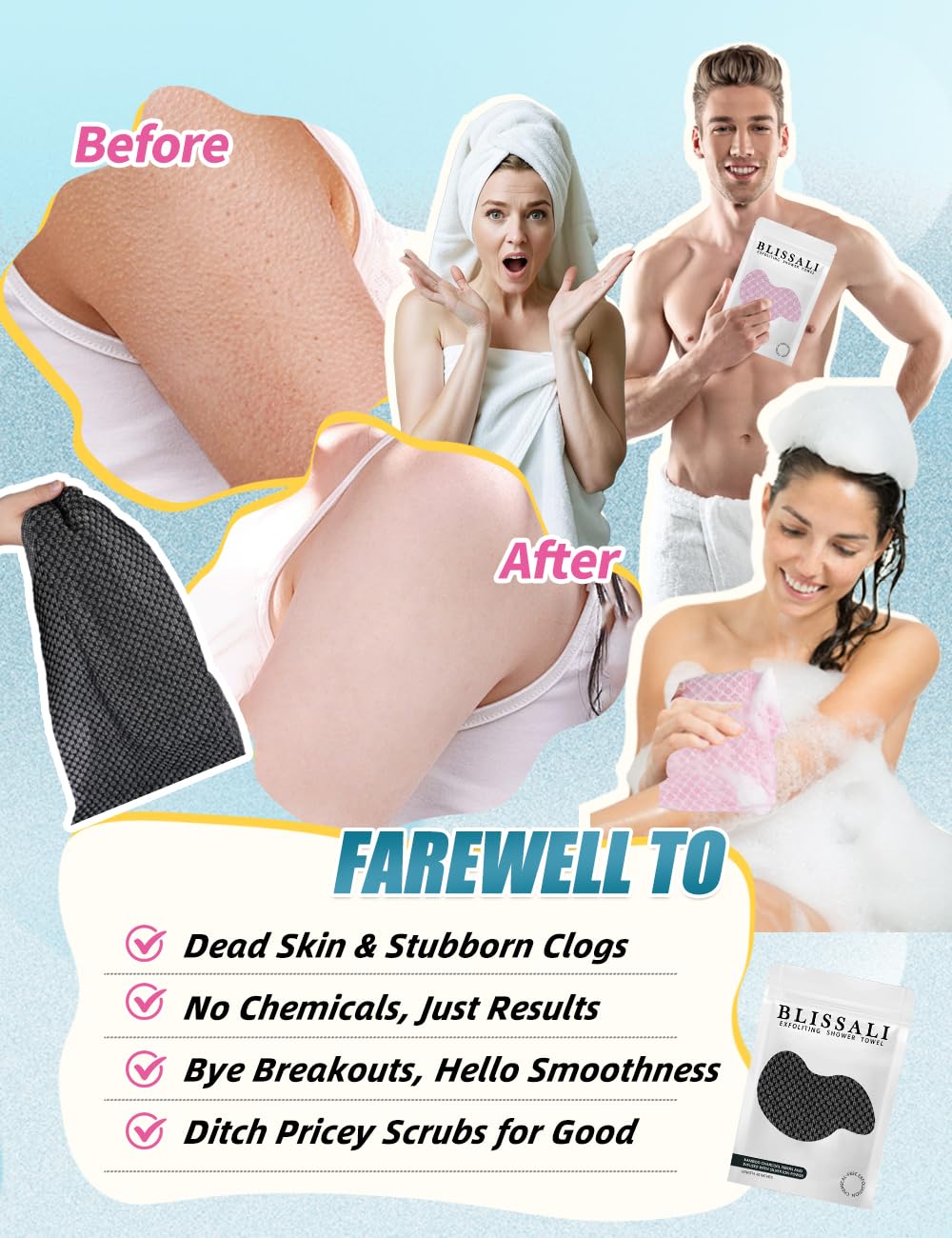 BLISSAL Exfoliating Shower Towel 48",Premium Scrub Wash Cloth for Body Face, Exfoliating Washcloth for Men and Woman(Black)