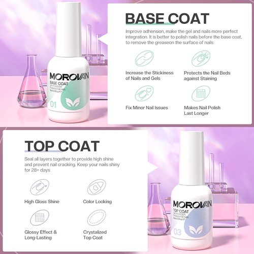 Morovan Dip Powder Liquid Set - Activator, Base & Top Coat with Dipping Brush - 4pcs 0.5oz