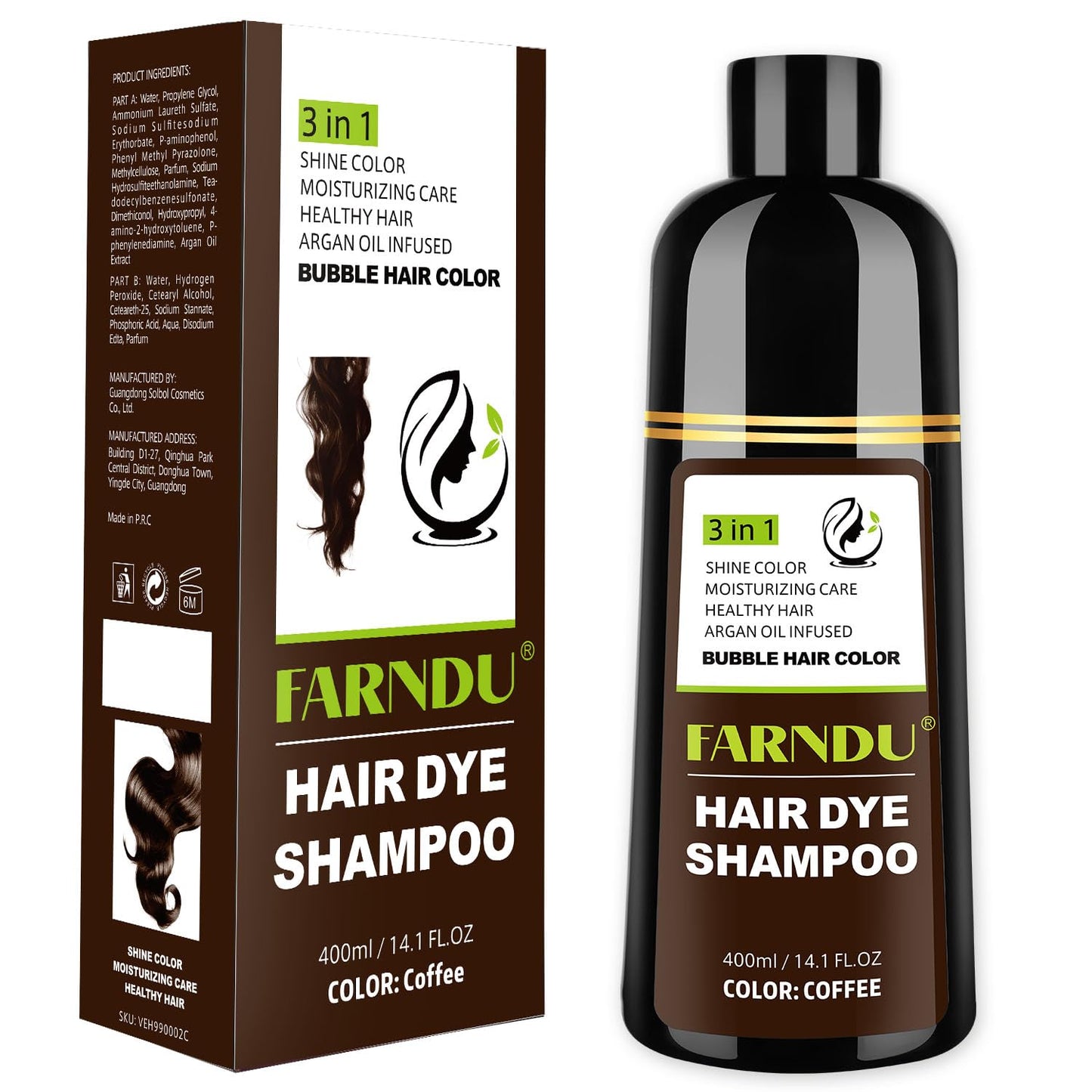 Coffee Hair Dye Shampoo for Women & Men - Gray Coverage 3 In 1 Natural Color Shampoo
