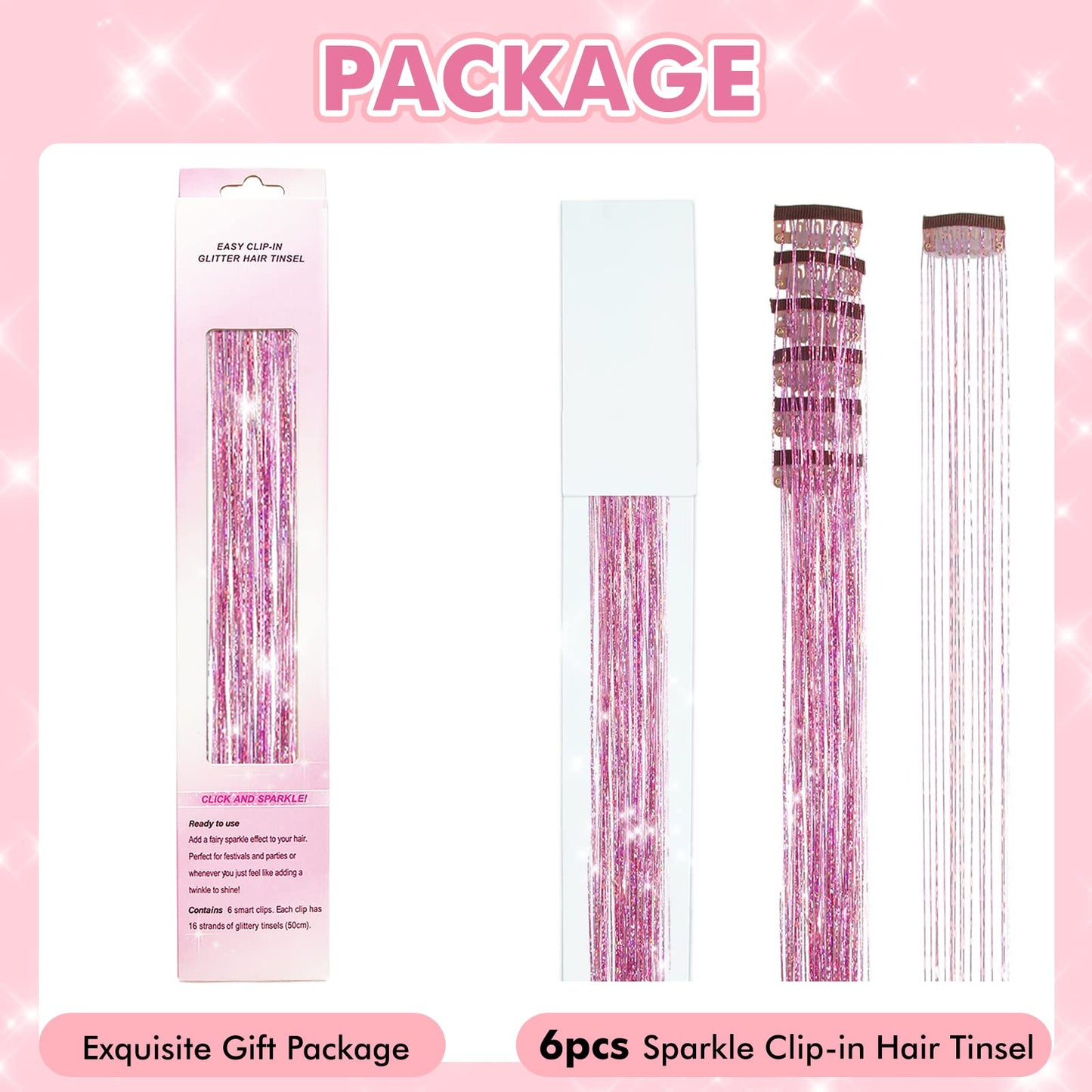 Clip in POROLIR Glitter Fairy Hair Extensions Kit - 6Pcs 20 Inch Shiny Sparkly Strands, Heat Resistant, Festival Gift for Women Girls Kids (Glitter Pink)