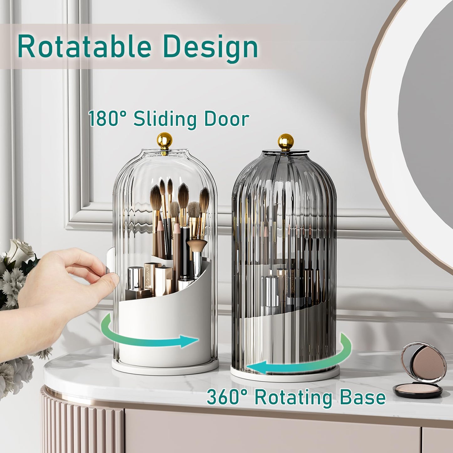 GAXmi Makeup Brush Holder with Lid Cosmetic Tools Organizer 360 Rotating Waterproof Dustproof Makeup Brushes Storage for Vanity, Grey