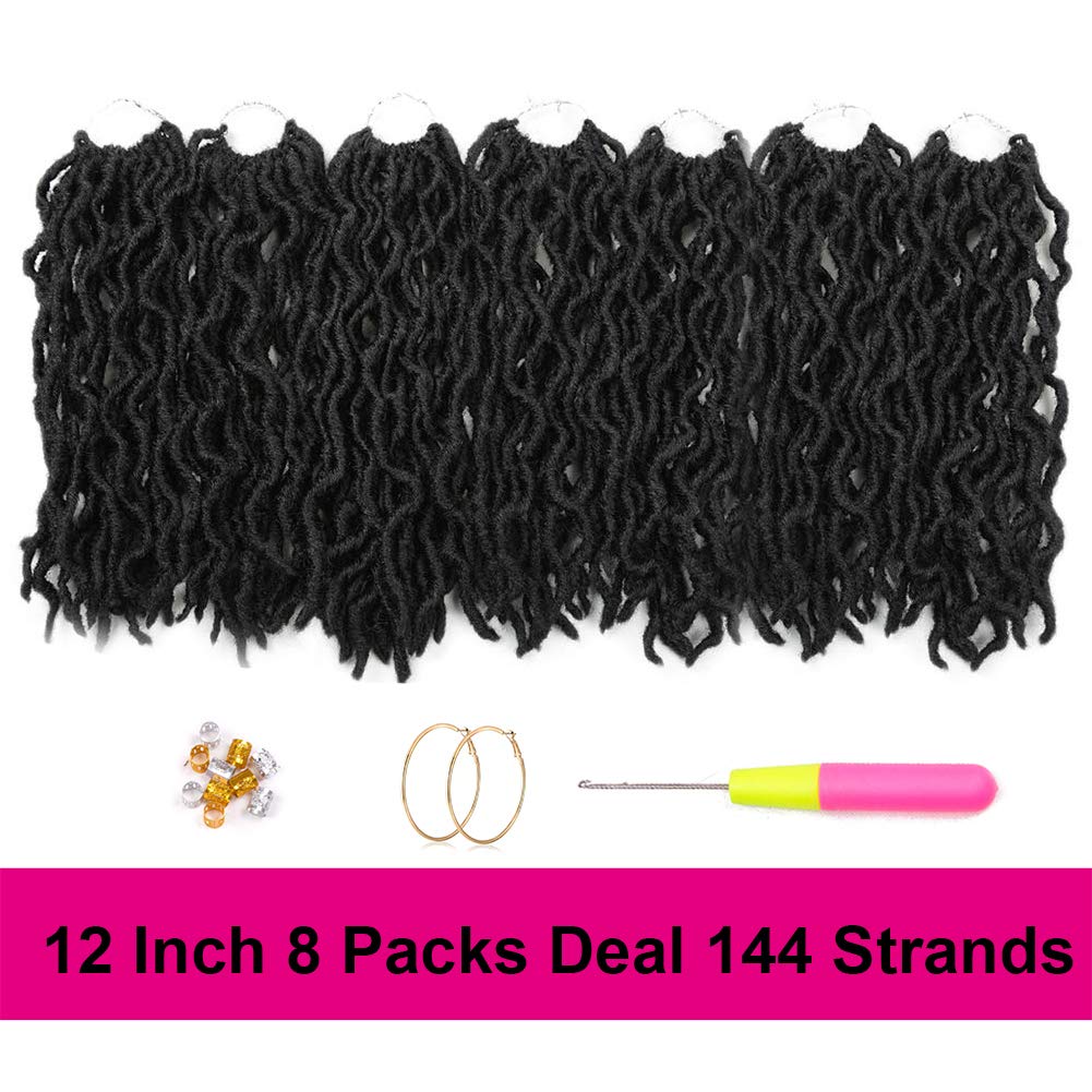 Wavy Gypsy Locs Crochet Hair 12 Inch 8 Packs/Lot Pre-Looped Ombre Goddess Wavy Faux Locs Synthetic Braiding Hair Short Faux Locs Crochet Braids Dreadlocs Hair Extensions (12inch,Black 1B)