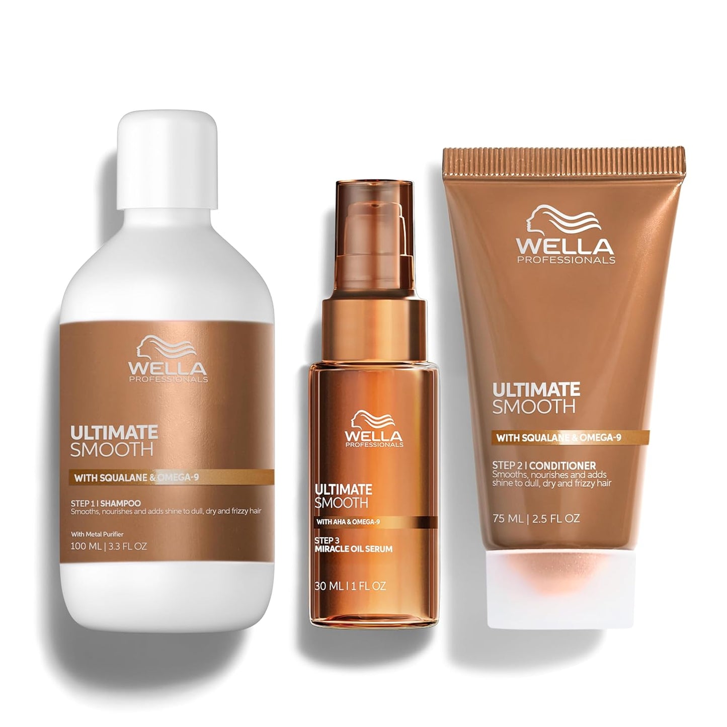 Wella Professionals Ultimate Smooth Shampoo, Conditioner & Miracle Oil Bundle | Nourishes & Smooths Dry, Frizzy Hair | Color Safe, Heat Protectant