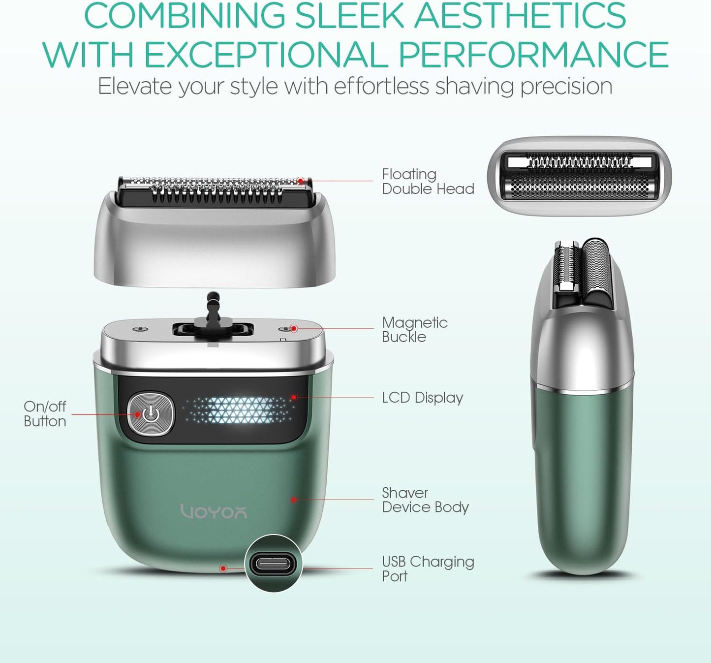 VOYOR Foil Shaver - 2 in 1 Portable Electric Razor for Men | Rechargeable & Washable ER300 (Green)
