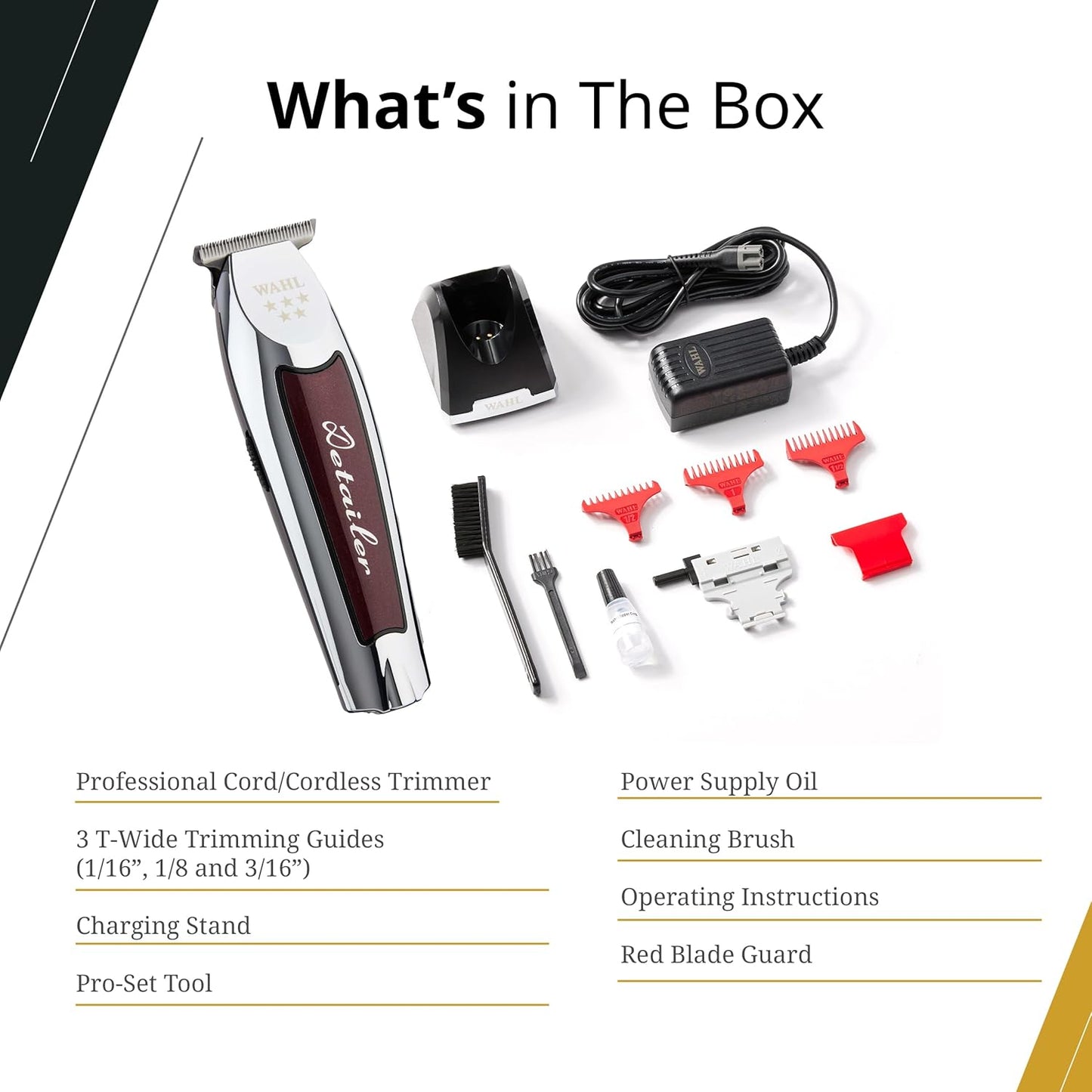 Wahl Professional 5 Star Cordless Detailer Li Trimmer - T Wide Blade, 100 Min Runtime, Charging Stand Included