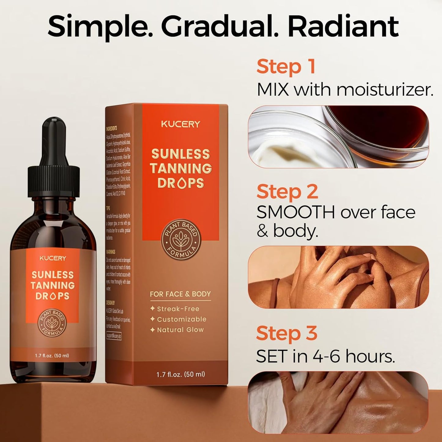 Sunless Tanning Drops - Plant-Based Self Tanner for Face & Body | Streak-Free Bronzing Serum, 1.7 fl oz