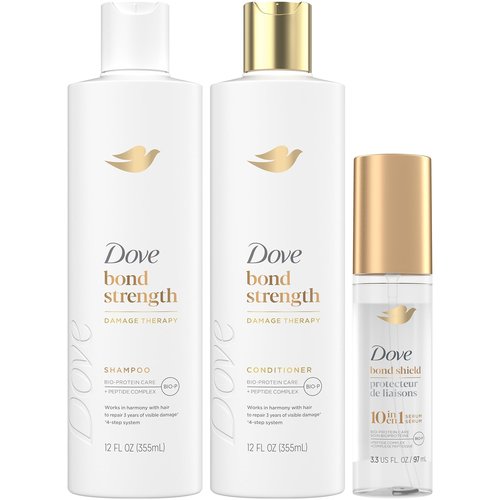 Dove Bond Strength Shampoo & Conditioner Set + Hair Serum Bundle – Repair Treatment for Damaged and Frizzy Hair (3 Piece Set)