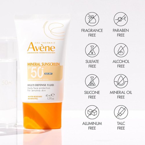 Avène Mineral Sunscreen Multi-Defense Fluid Tinted SPF 50+, Clean Formula Sunscreen for Sensitive Skin, Reef Friendly, Tint, Non-Whitening, Antioxidant Protection, 1.3 Fl Oz