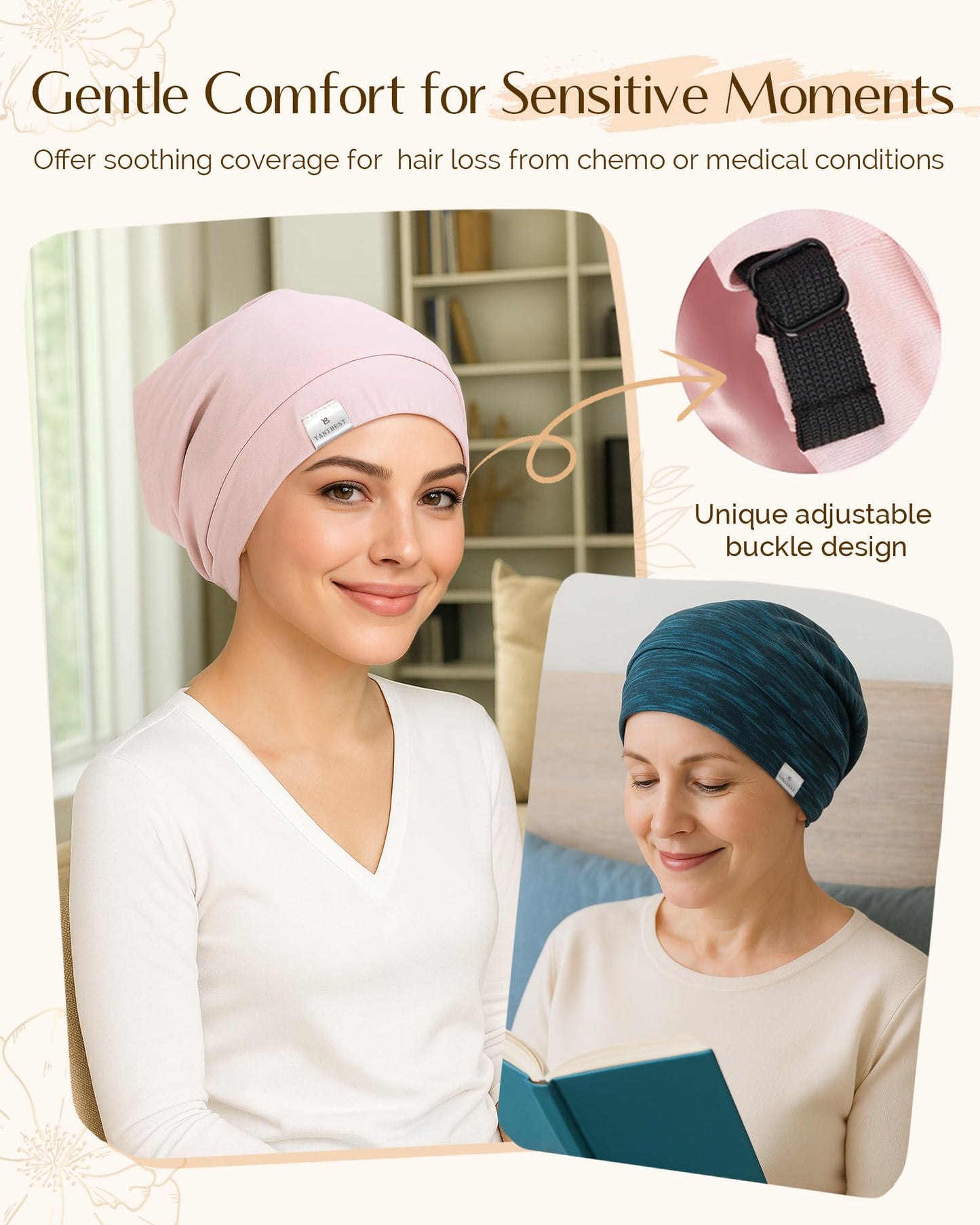 YANIBEST Hair Cover Bonnet Satin Sleep Cap - Adjustable Stay on Silk Lined Slouchy Beanie for Night Sleeping Surgical Hats Pure Black