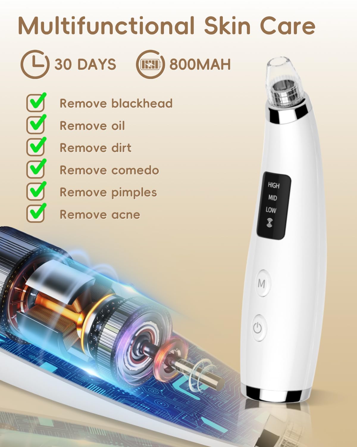Facial Pore Blackhead Remover Vacuum - Face Cleaner and Blackhead Extractor with 3 Adjustable Suction Levels, 5 Probes, USB Charging Interface - Pore Vacuum Kit for Women&Men (White)