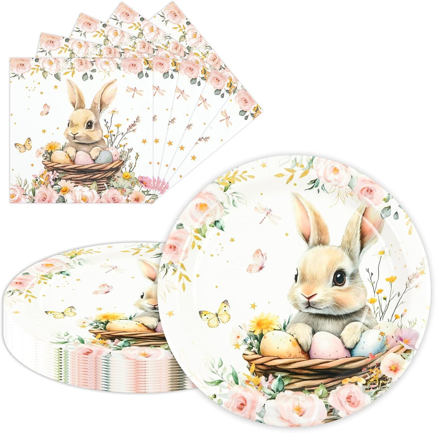 Skiennix Easter Party Plates Set - 40 Pcs 9-Inch Paper Plates & Napkins | Bunny Eggs Floral Design
