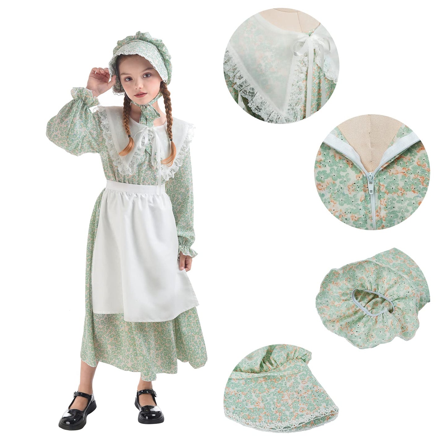 LTAKK Prairie Dresses for Girls Pioneer Colonial Costume Girl Pilgrim Dress with Shawl, Apron and Bonnet, Seagreen, Large